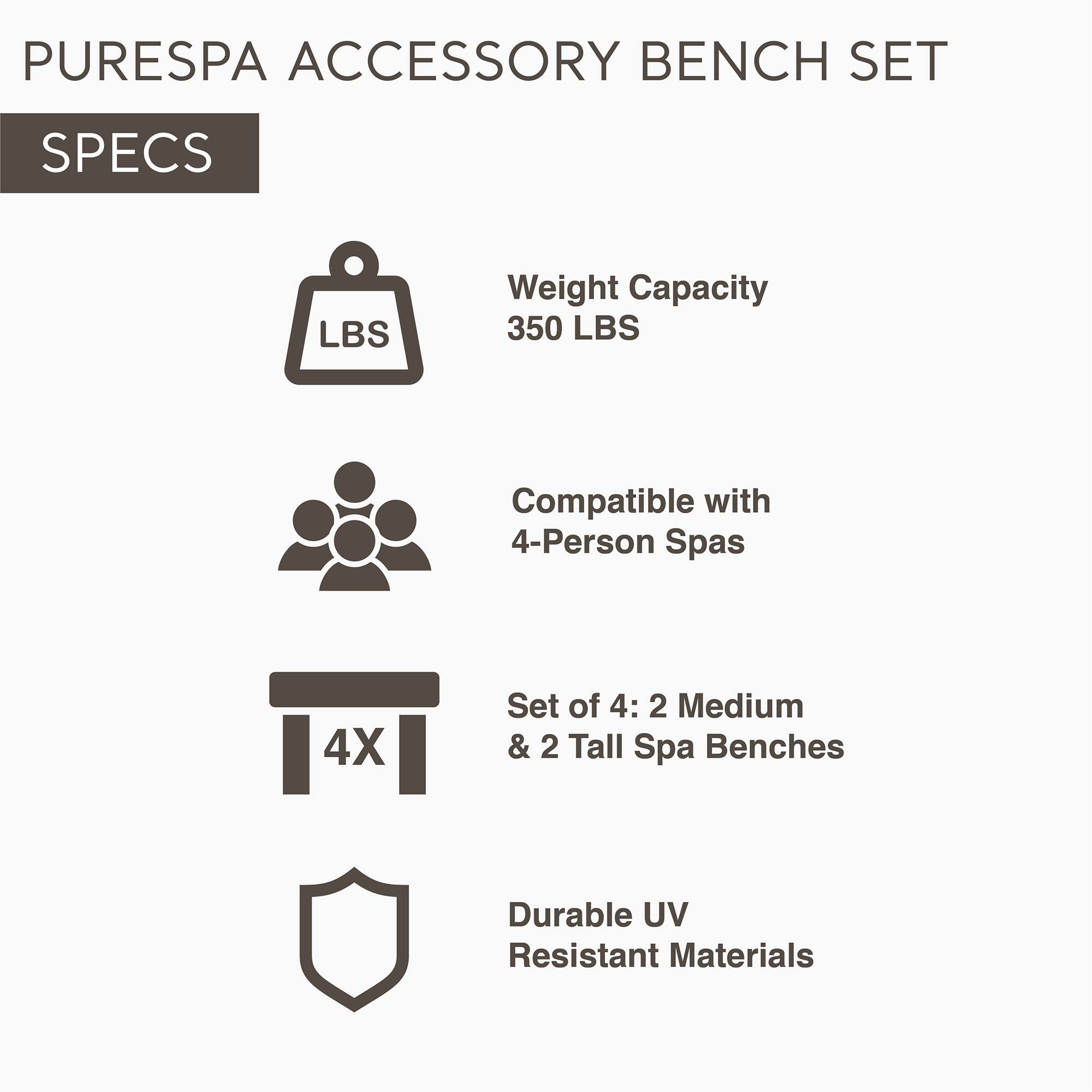 PURESPA ACCESSORY BENCH SET

SPECIFICATIONS

- Weight Capacity: 350 LBS
- Compatible with 4-Person Spas
- Set of 4: 2 Medium & 2 Tall Spa Benches
- Durable UV Resistant Materials