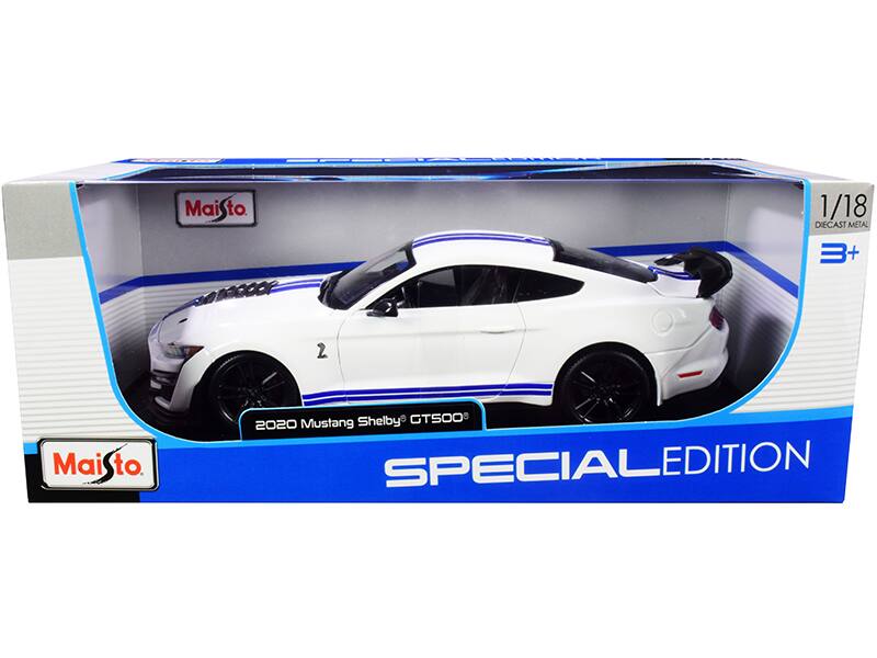 2020 Ford Mustang Shelby GT500 Stripes "Special Edition" 1/18 Diecast Model Car by Maisto - White with Blue