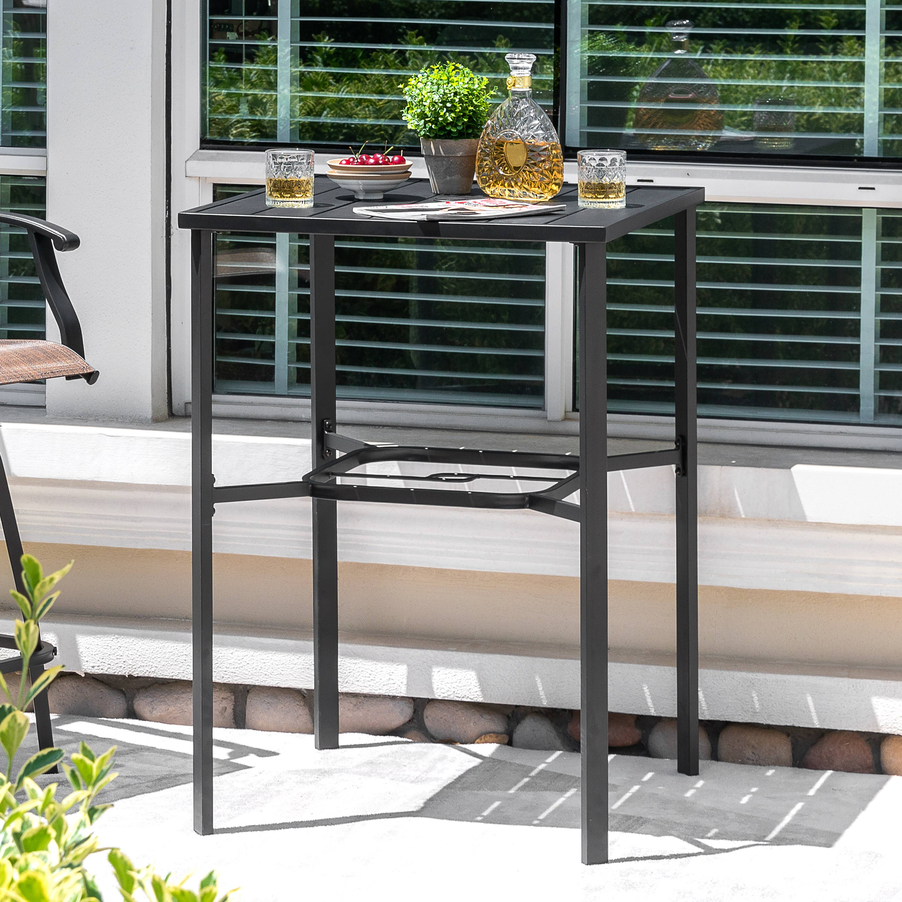 Back. Nuu Garden - Outdoor 28 Inch Square Bar Table with Slatted Top and 1.7” Umbrella Hole - Black.