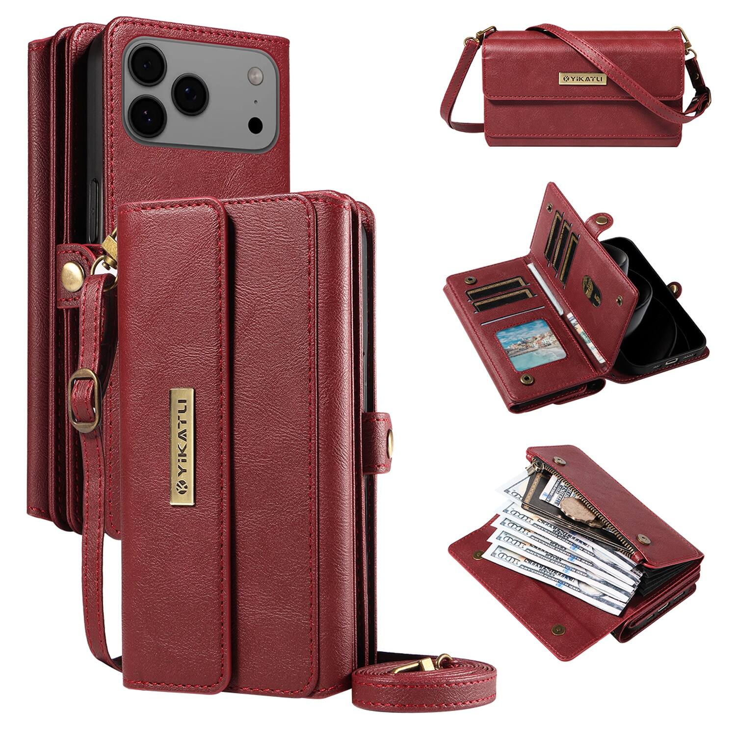 Dteck - Wallet Case for Apple iPhone 17 Pro Max, Shockproof PU Leather Flip RFID Blocking Card Slots with Shoulder Strap - Red