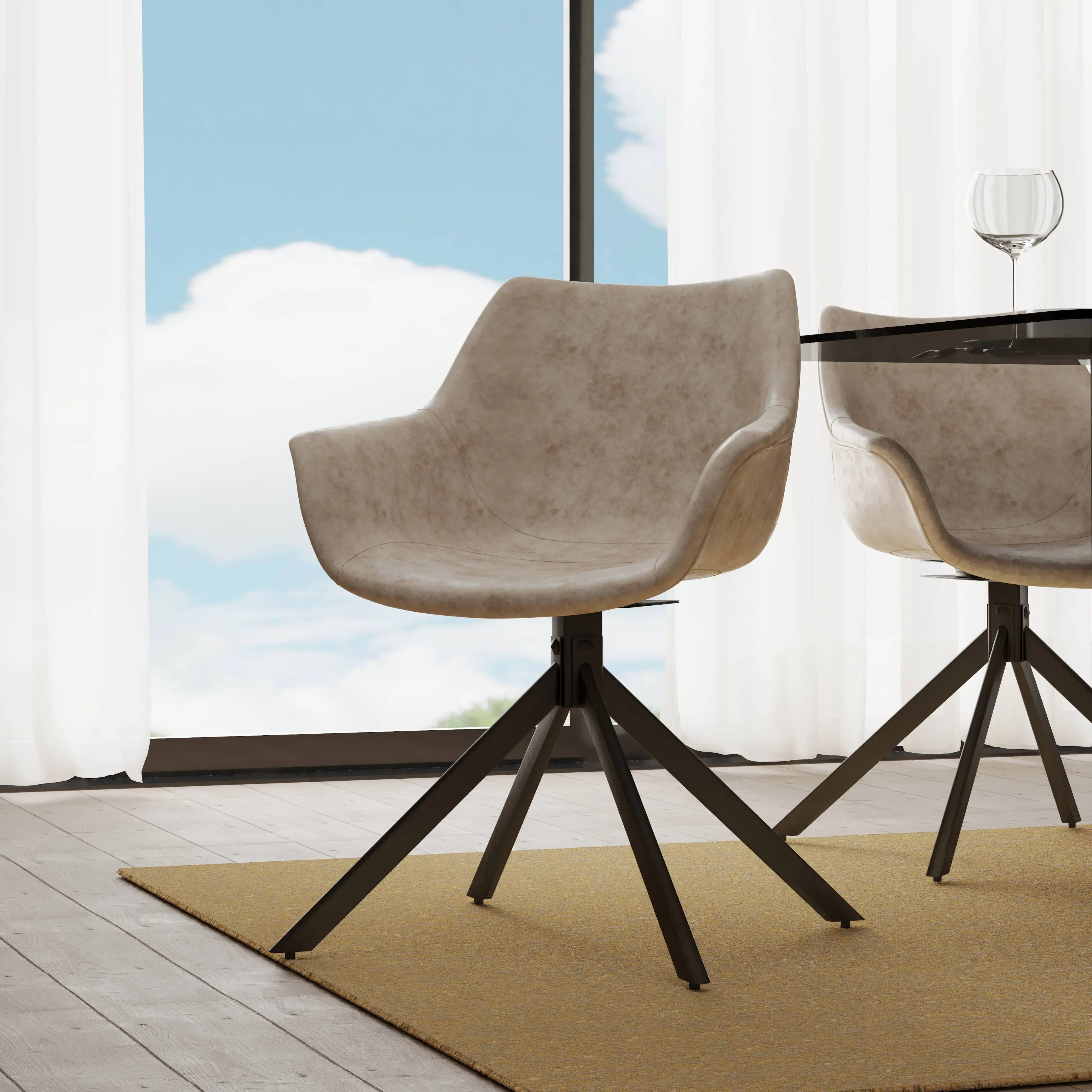 Angle. LeisureMod - Markley Upholstered Swivel Dining Chair with Arms and Metal Legs - Taupe.