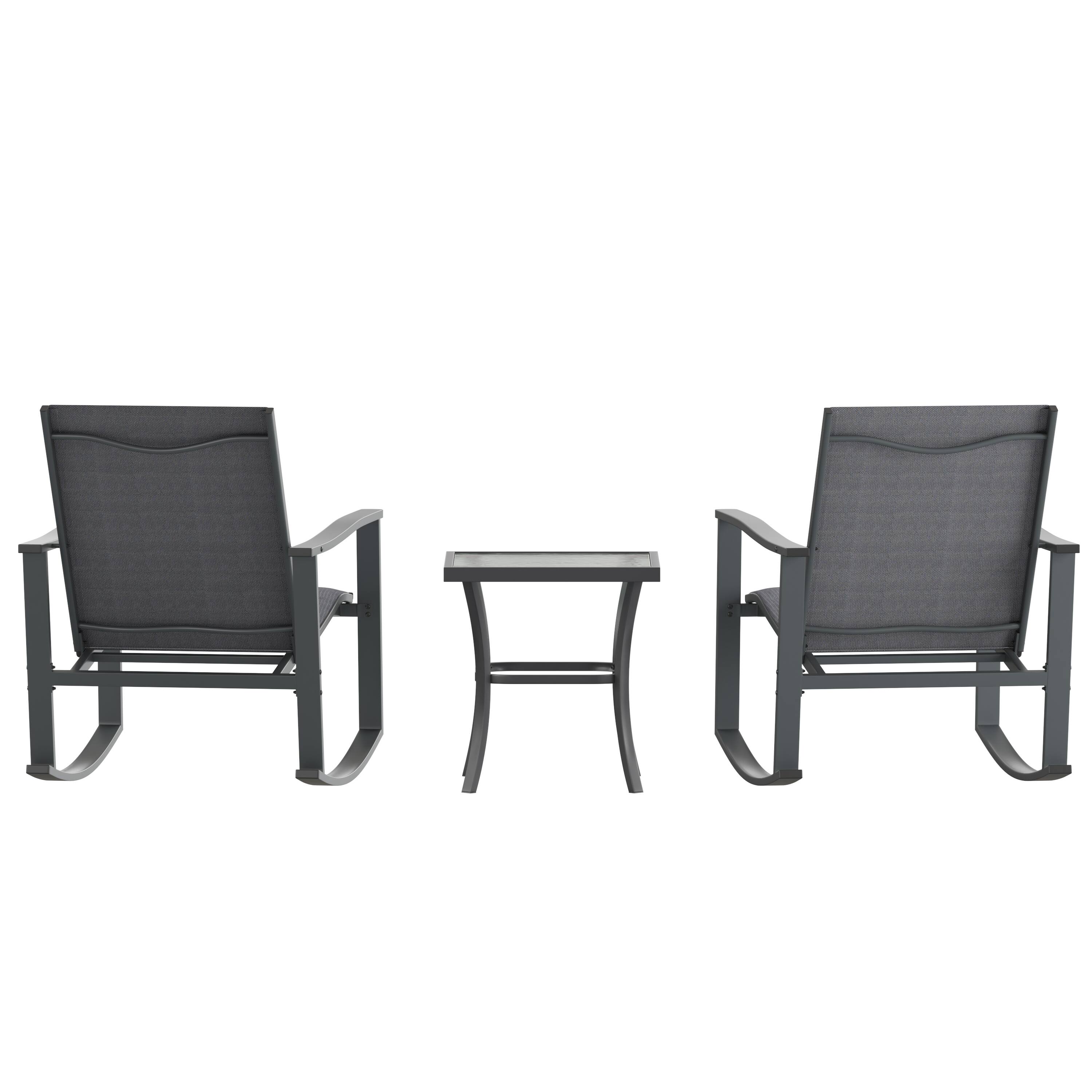 Alt View 8. Emma + Oliver - Braelin 3 Piece Outdoor Rocking Chair Patio Set with Flex Comfort Material and Metal Framed Glass Top Table - Black.
