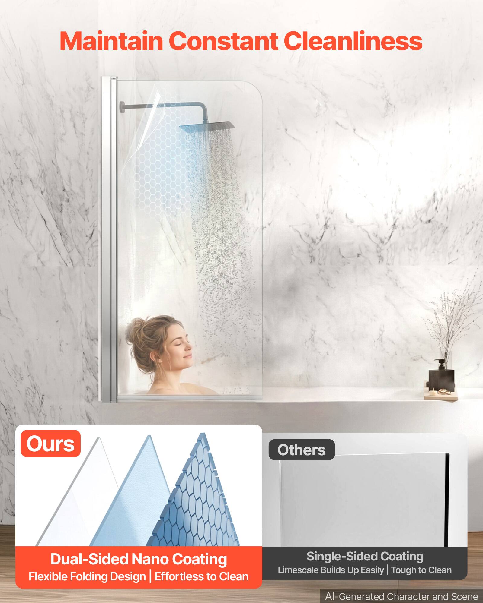 Maintain Constant Cleanliness

Ours
Dual-Sided Nano Coating
Flexible Folding Design | Effortless to Clean

Others
Single-Sided Coating
Limescale Builds Up Easily | Tough to Clean

AI-Generated Character and Scene