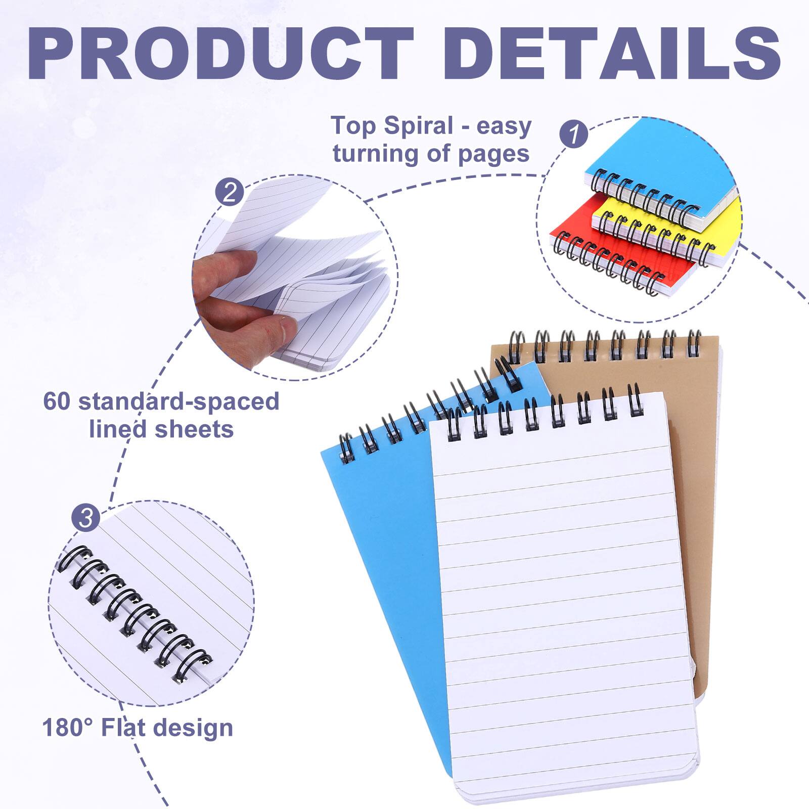 PRODUCT DETAILS
1. Top Spiral - easy turning of pages
2. 60 standard-spaced lined sheets
3. 180° Flat design