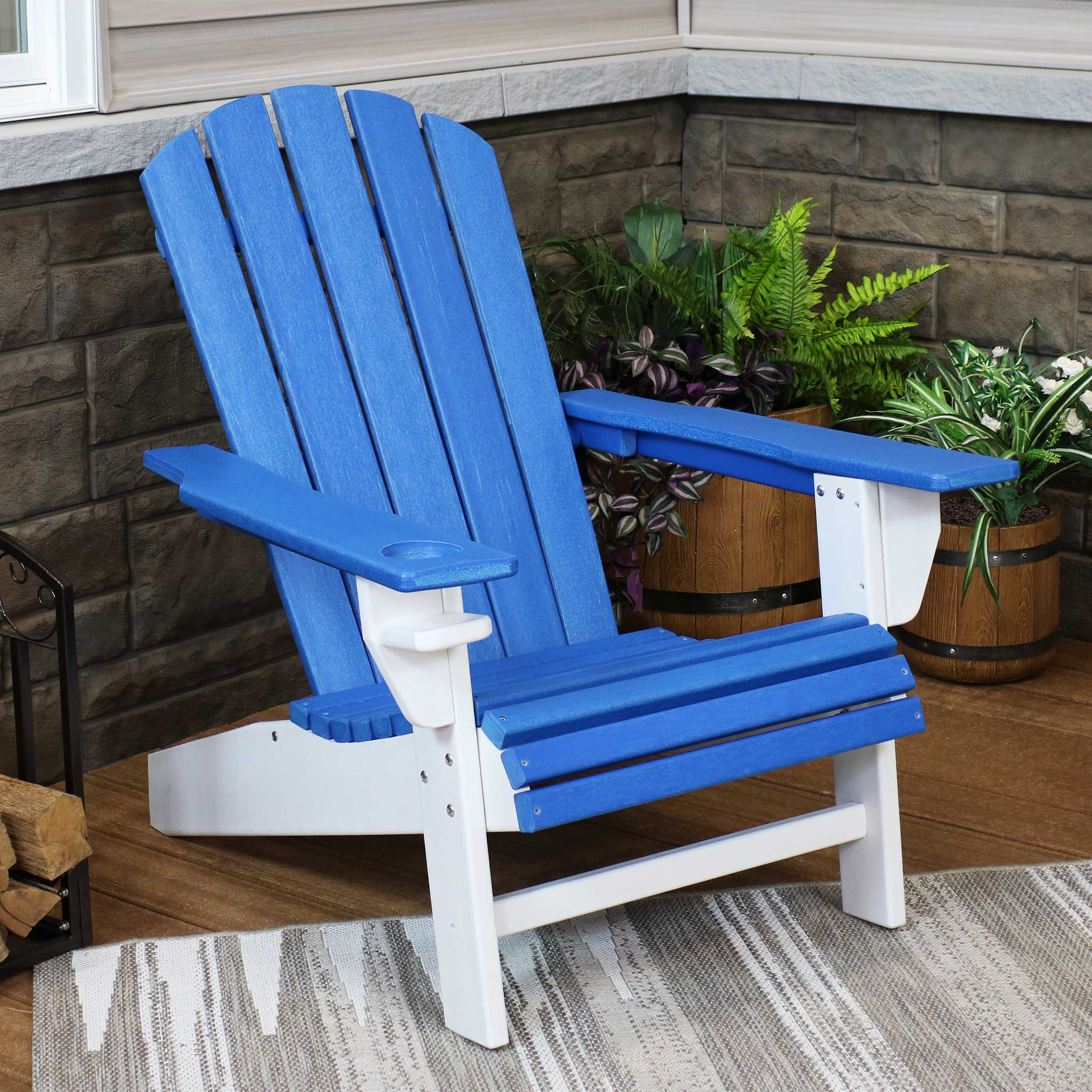 Alt View 2. Sunnydaze - HDPE Adirondack Chair with Drink Holder - Blue and White.