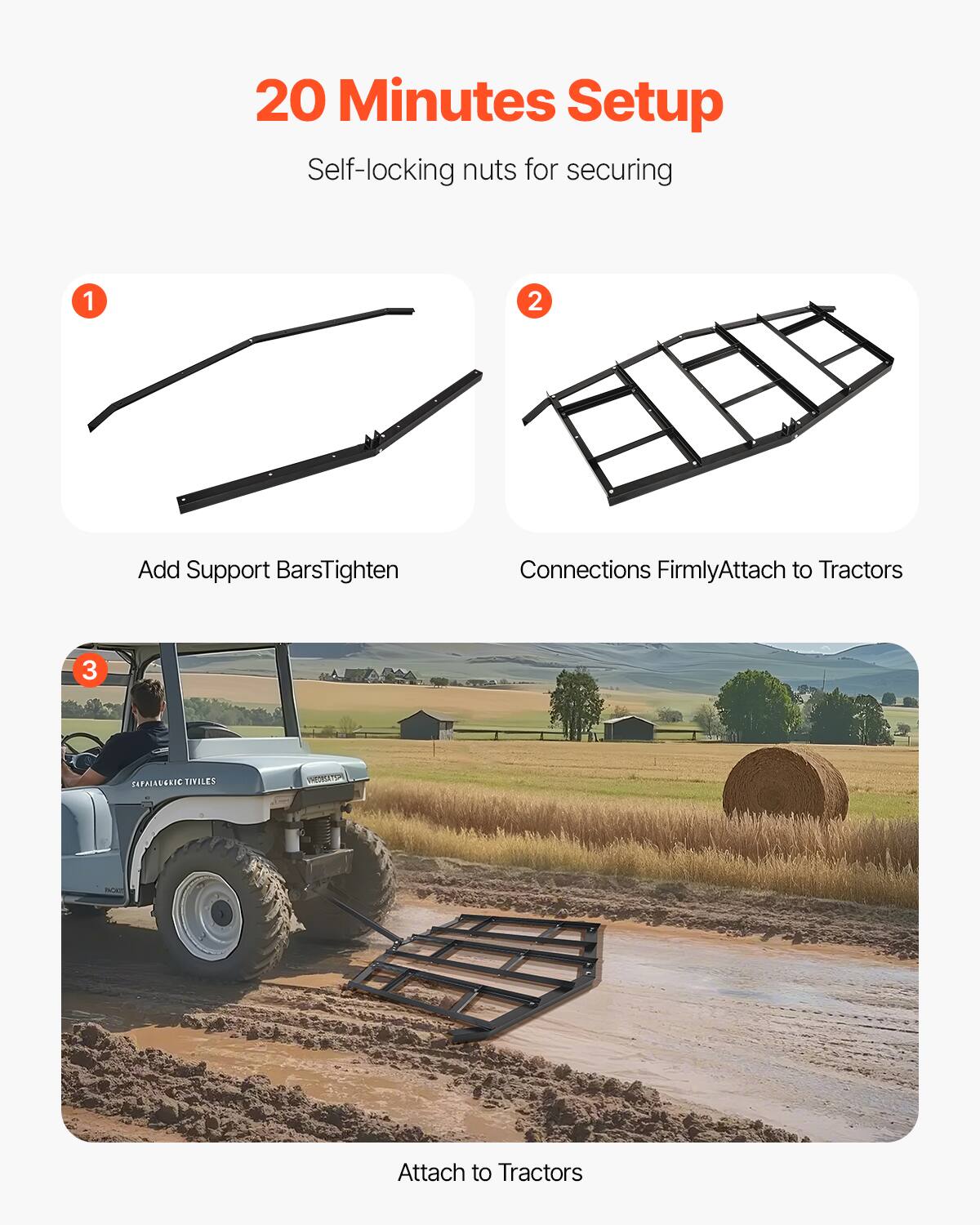 20 Minutes Setup
Self-locking nuts for securing

1. Add Support Bars Tighten
2. Connections Firmly Attach to Tractors
3. Attach to Tractors