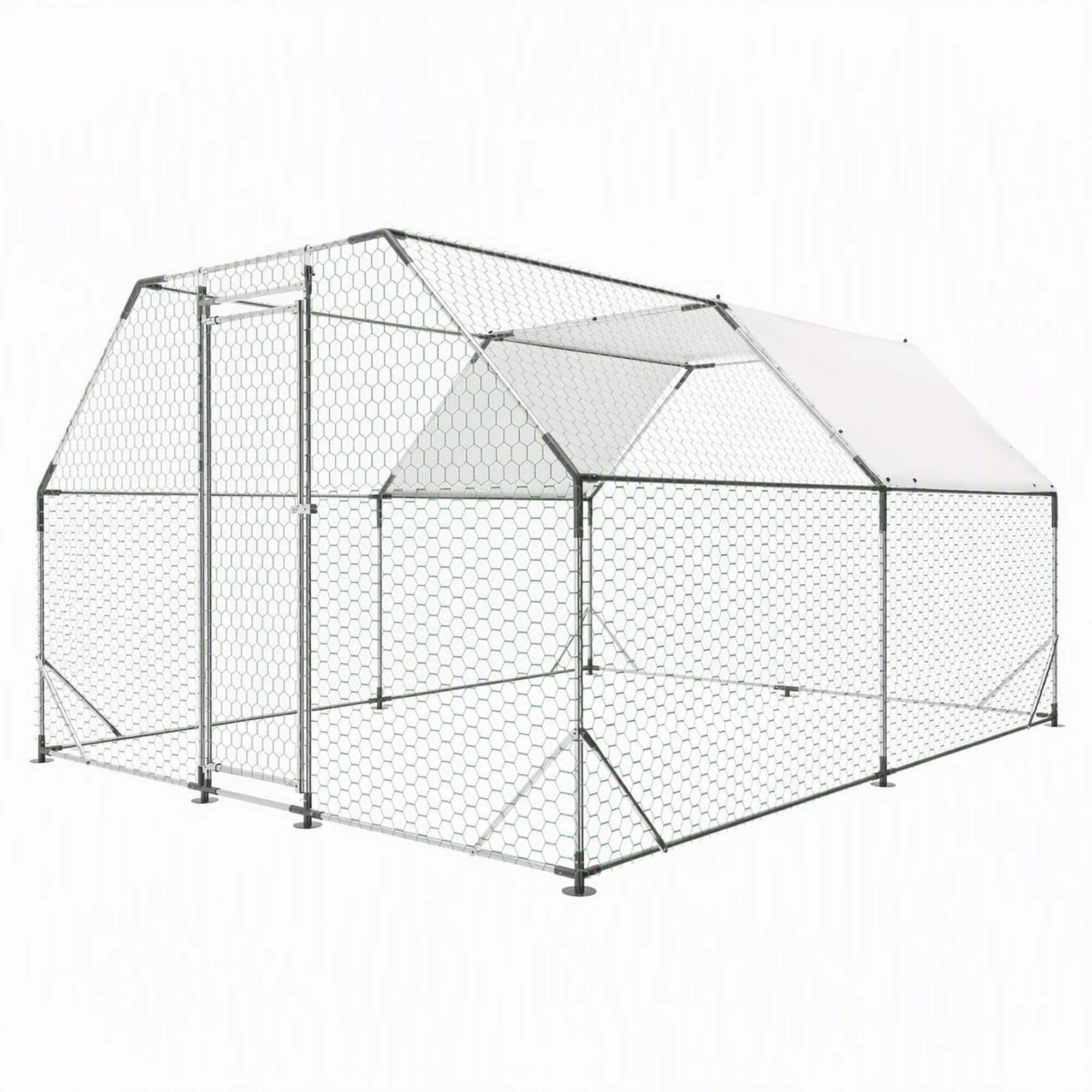 RYHNUYNE - 10x13 Ft Galvanized Metal Walk-In Chicken Coop, Weatherproof Poultry Run with Water-Resistant Tarp