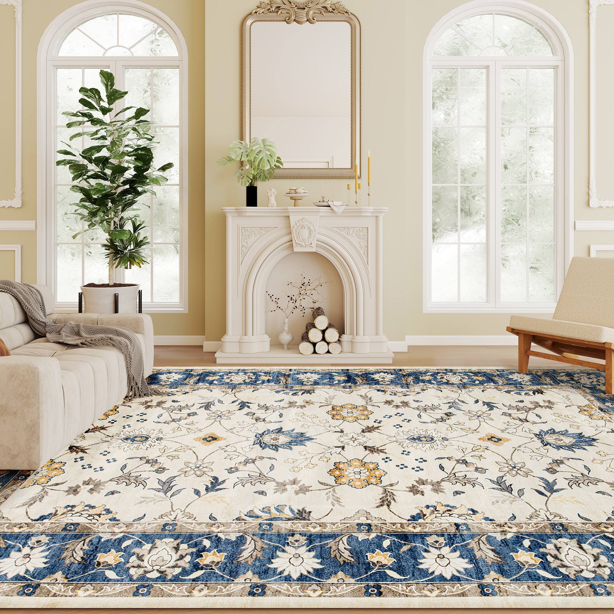 Alt View 1. Homcom - Area Rug 5x7, Machine Washable Non-Slip Boho Floral Print Floor Cover - Blue.