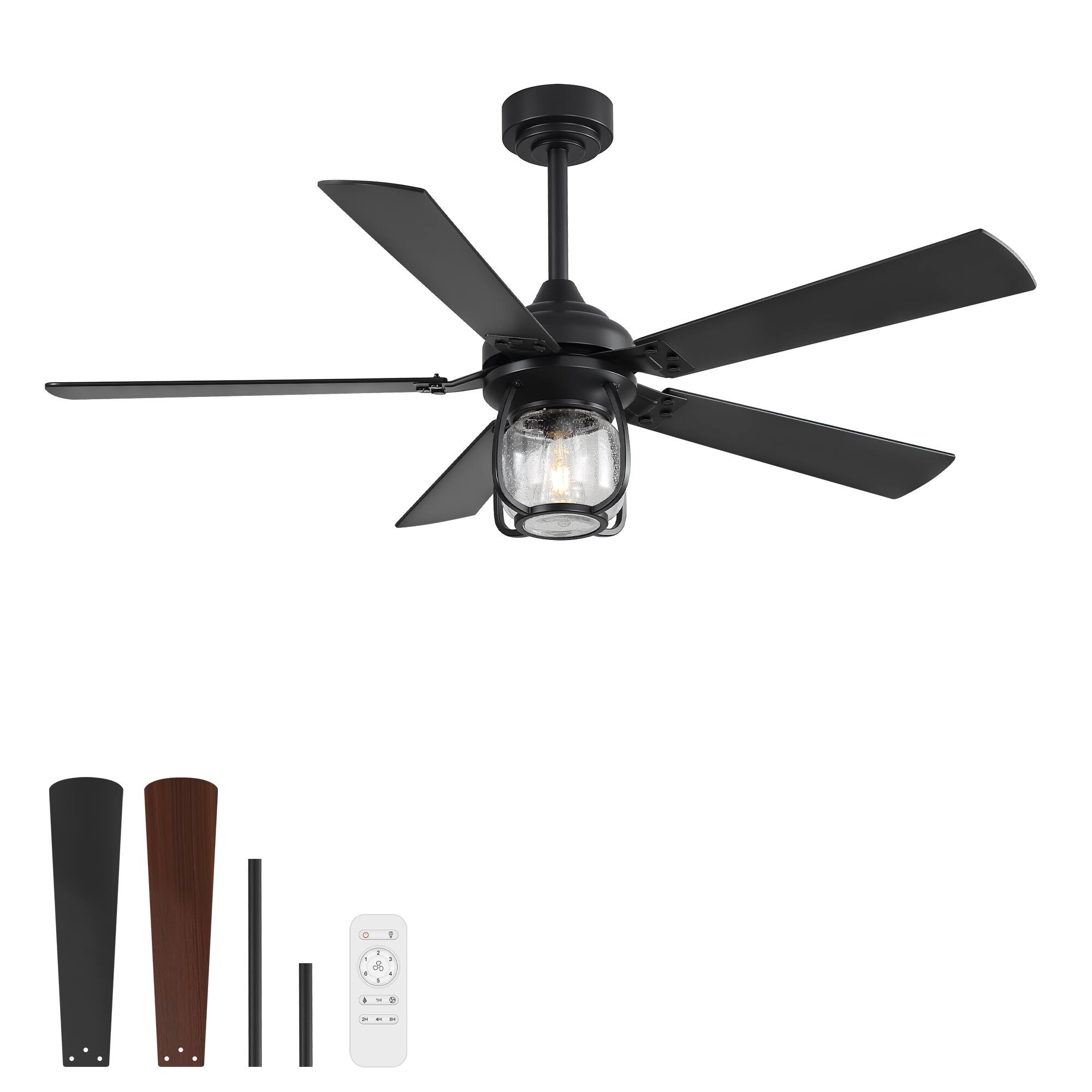Angle. Breezary - 52 Inch Ceiling Fan with Light, 5 Plywood Blades, Quiet DC Motor, Remote Control, 6 Speeds, 1/4/8H Timer - Black.