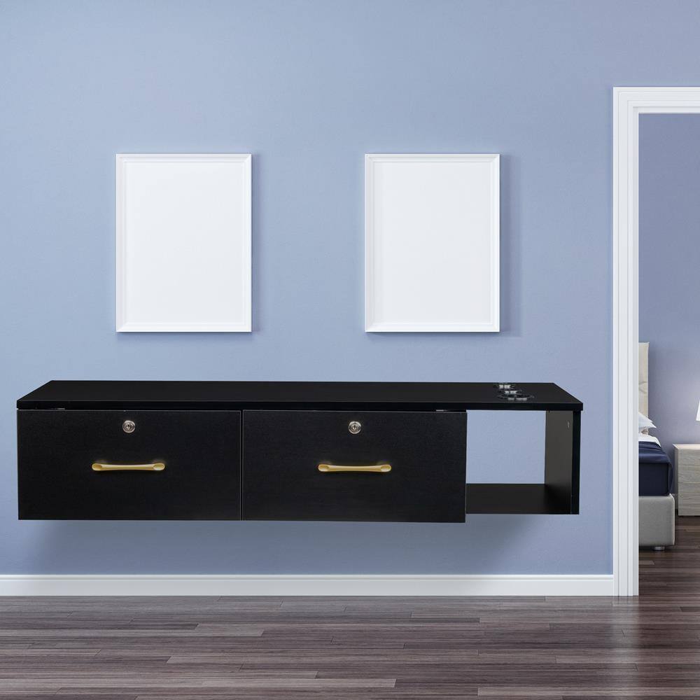 Left. Winado - Multifunctional Wall Mount Salon Station Bedroom Vanity with Locking Drawer & 3 Hair Dryer Holders  for Makeup Studios - Black.