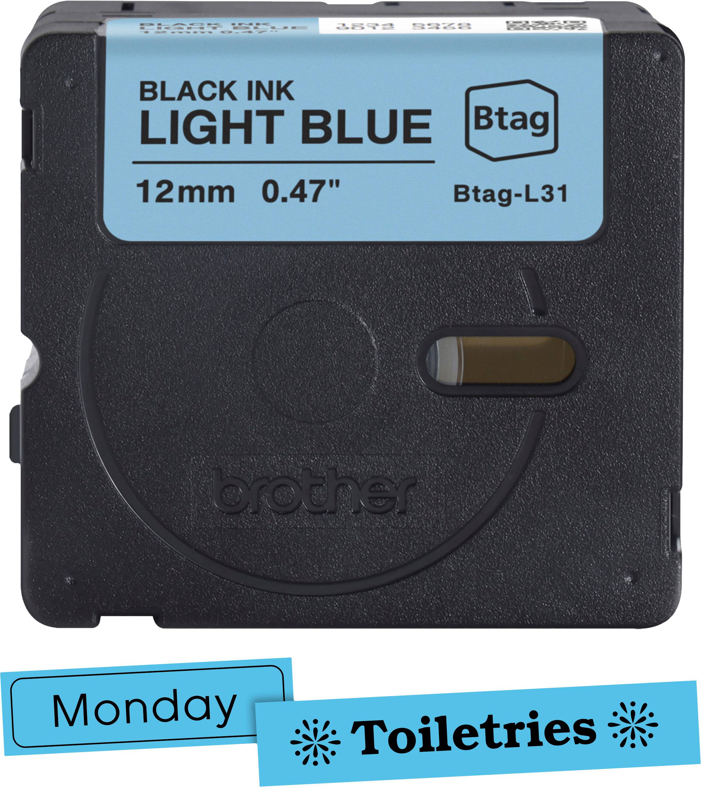 Sure, here is the corrected and grouped text from the image:

---

**BLACK INK LIGHT BLUE**  
12mm 0.47"  
Btag-L31  

**Btag**  

**brother**  

**Monday Toiletries**  

---
