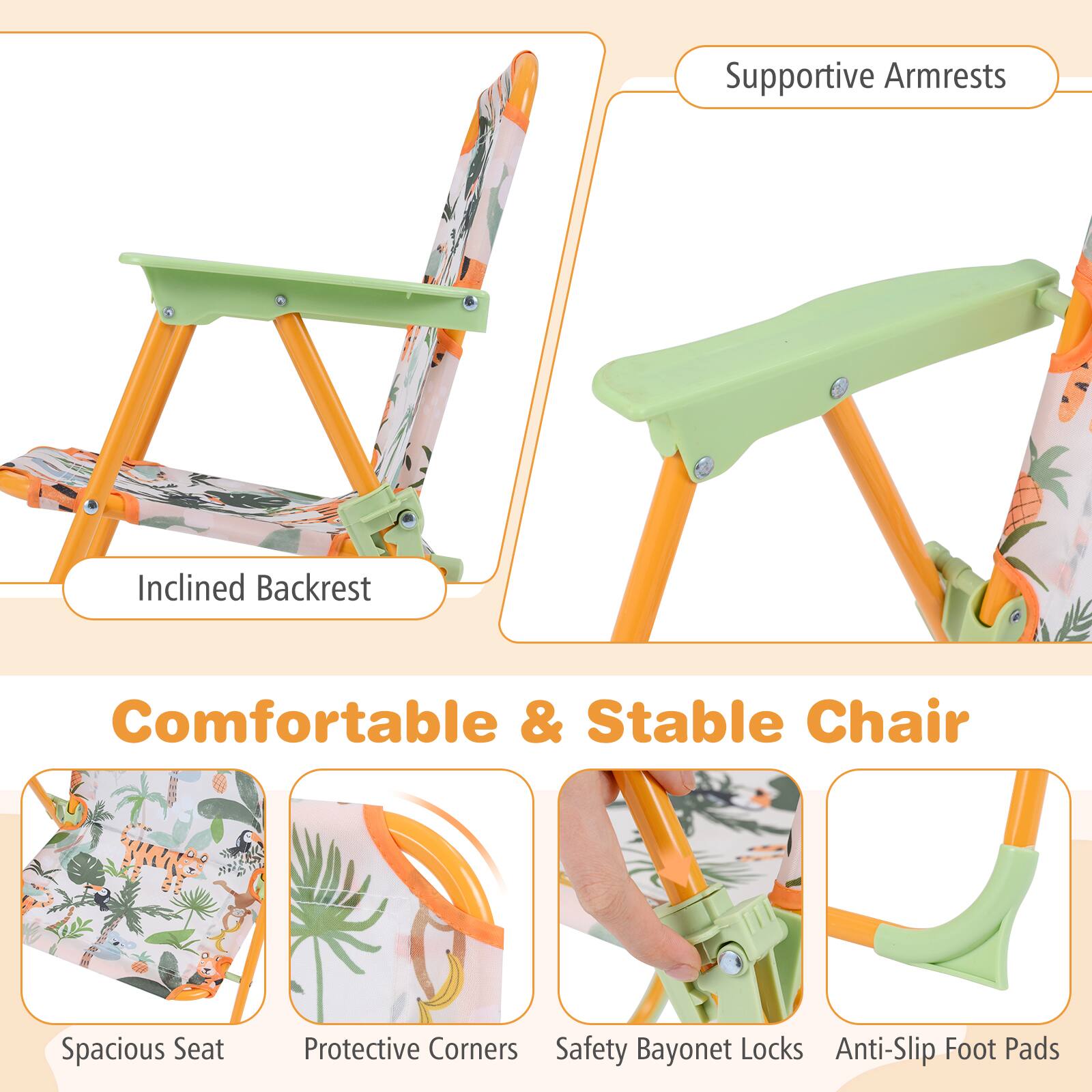 Supportive Armrests  
Inclined Backrest  
Comfortable & Stable Chair  
Spacious Seat  
Protective Corners  
Safety Bayonet Locks  
Anti-Slip Foot Pads
