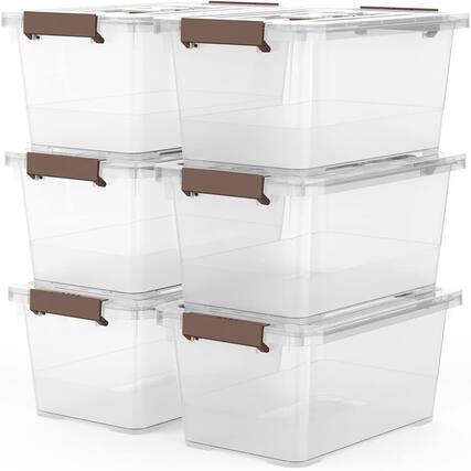 Front. RTMB - 6-Pack Clear 7 Qt Plastic Storage Bins with Lids and Brown Latches.