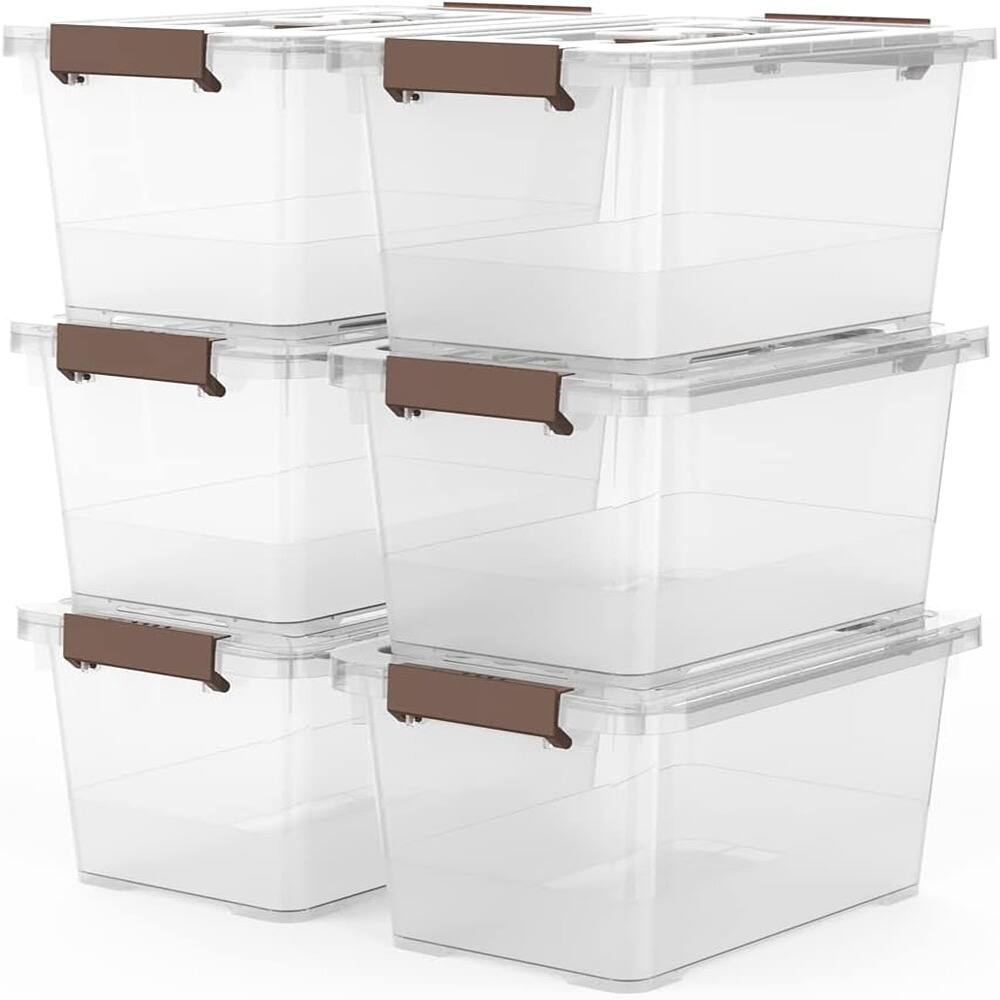 Front. RTMB - 6-Pack Clear 7 Qt Plastic Storage Bins with Lids and Brown Latches.