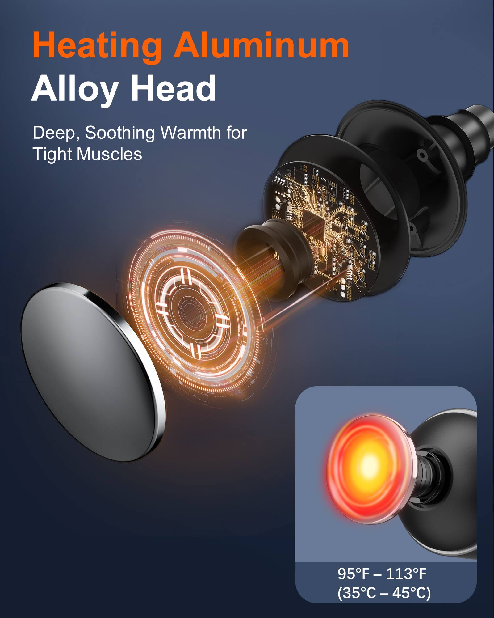 Heating Aluminum Alloy Head  
Deep, Soothing Warmth for Tight Muscles  

95°F – 113°F  
(35°C – 45°C)