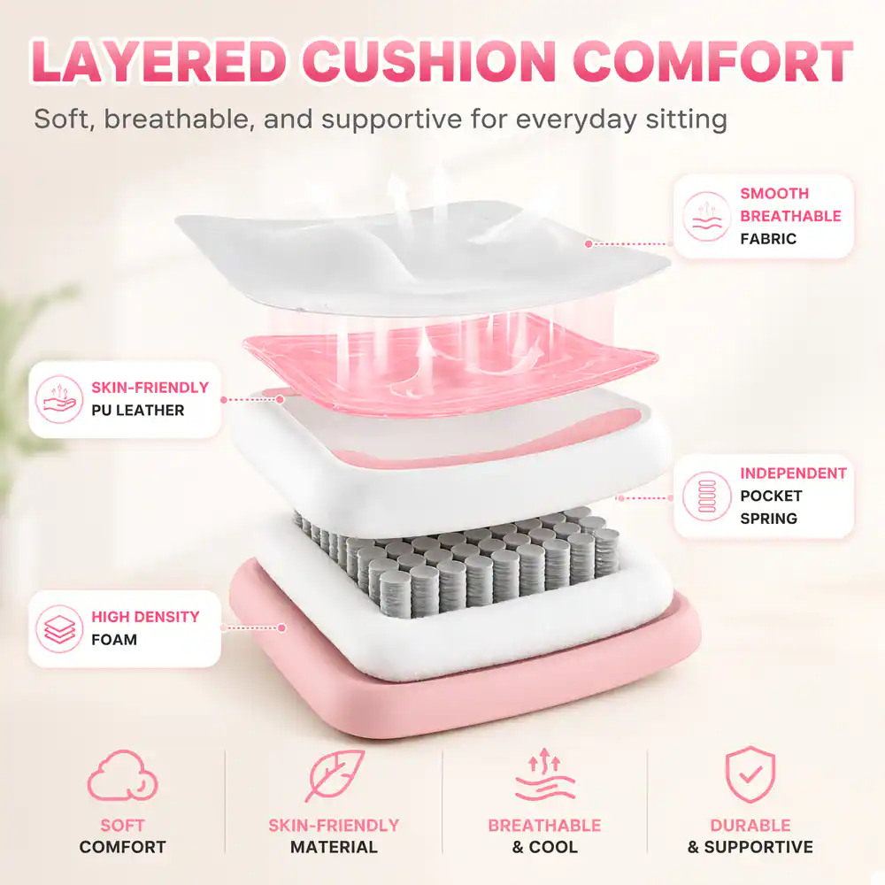 LAYERED CUSHION COMFORT  
Soft, breathable, and supportive for everyday sitting

SMOOTH BREATHABLE FABRIC  
SKIN-FRIENDLY PU LEATHER  
INDEPENDENT POCKET SPRING  
HIGH DENSITY FOAM  
SOFT COMFORT  
SKIN-FRIENDLY MATERIAL  
BREATHABLE & COOL  
DURABLE & SUPPORTIVE