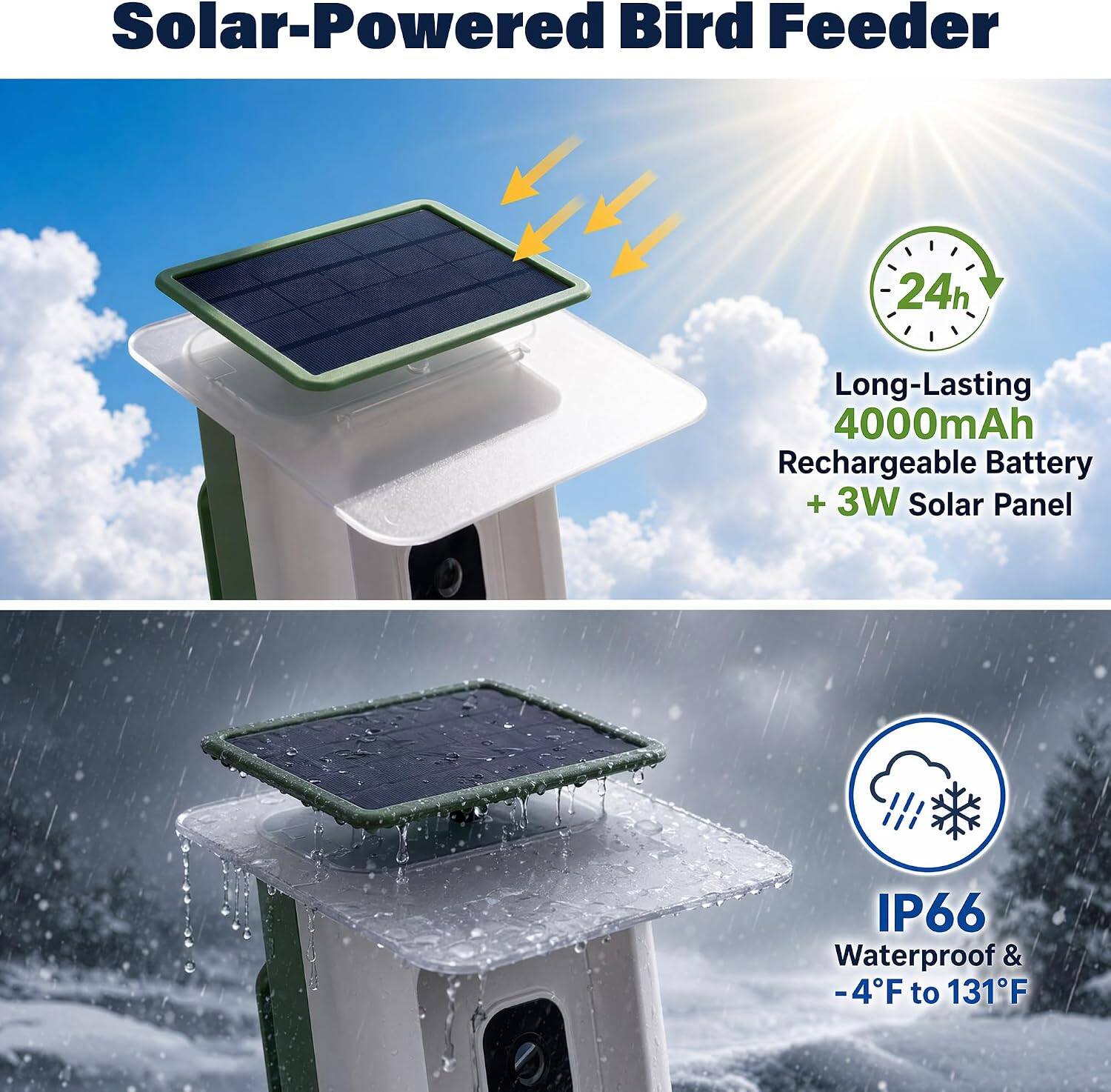 Solar-Powered Bird Feeder  
24h Long-Lasting  
4000mAh Rechargeable Battery + 3W Solar Panel  
IP66 Waterproof & -4°F to 131°F