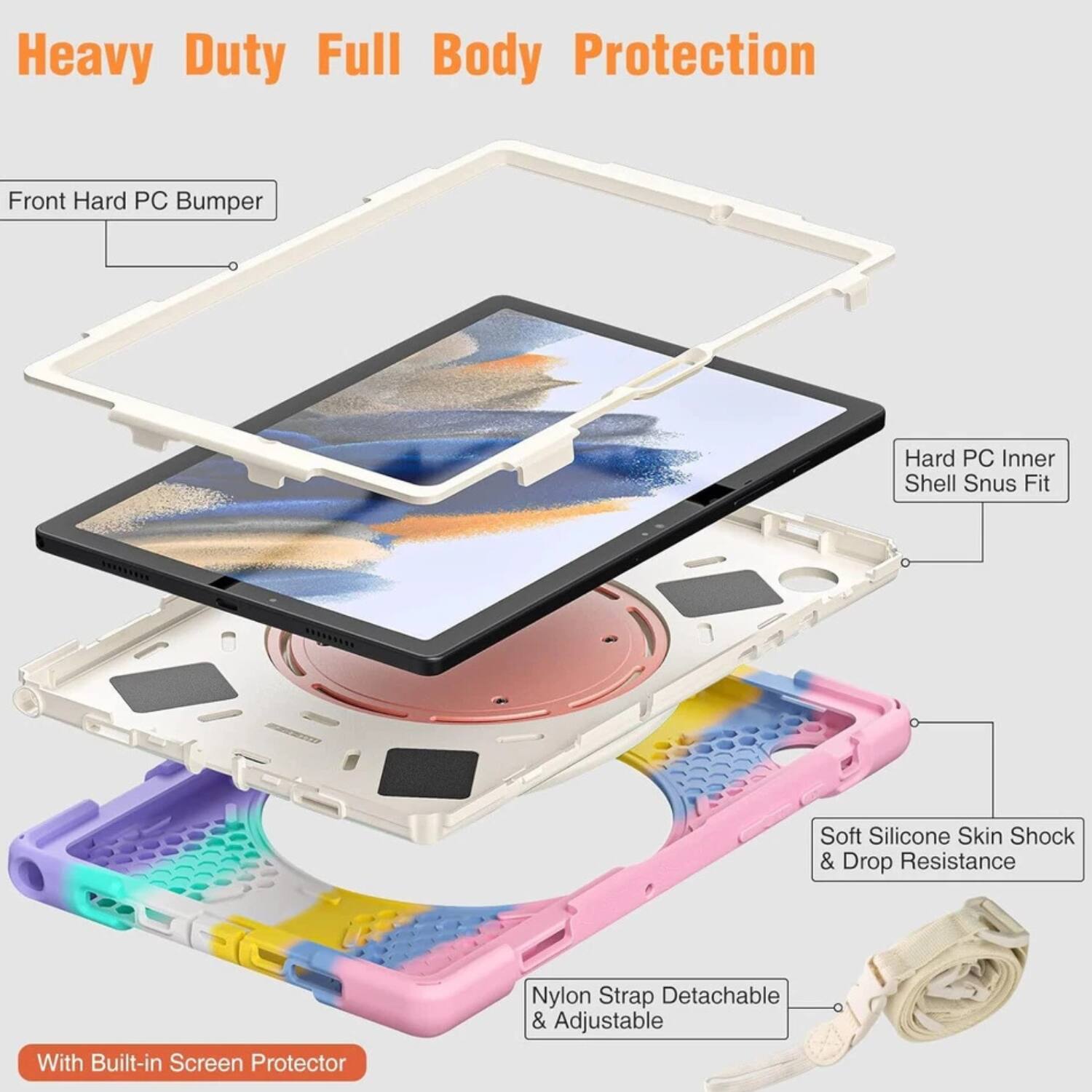 Heavy Duty Full Body Protection

- Front Hard PC Bumper
- Hard PC Inner Shell Snus Fit
- Soft Silicone Skin Shock & Drop Resistance
- With Built-in Screen Protector
- Nylon Strap Detachable & Adjustable