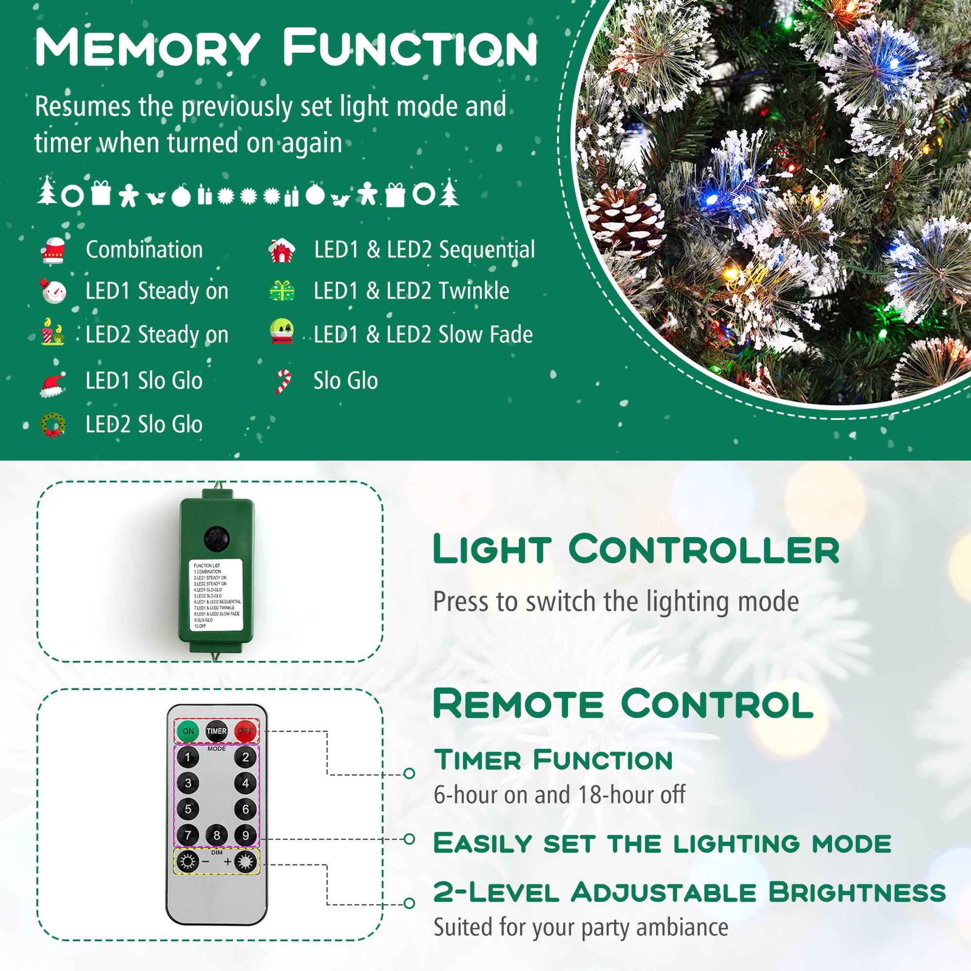 MEMORY FUNCTION
Resumes the previously set light mode and timer when turned on again
Combination
LED1 Steady on
LED2 Steady on
LED1 Slo Glo
LED1 & LED2 Sequential
LED1 & LED2 Twinkle
LED1 & LED2 Slow Fade
Slo Glo
LED2 Slo Glo

LIGHT CONTROLLER
Press to switch the lighting mode

REMOTE CONTROL
TIMER FUNCTION
6-hour on and 18-hour off
EASILY SET THE LIGHTING MODE
2-LEVEL ADJUSTABLE BRIGHTNESS
Suited for your party ambiance