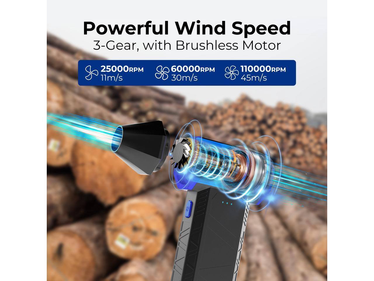 Powerful Wind Speed 3-Gear, with Brushless Motor  
25000RPM 11m/s  
60000RPM 30m/s  
110000RPM 45m/s