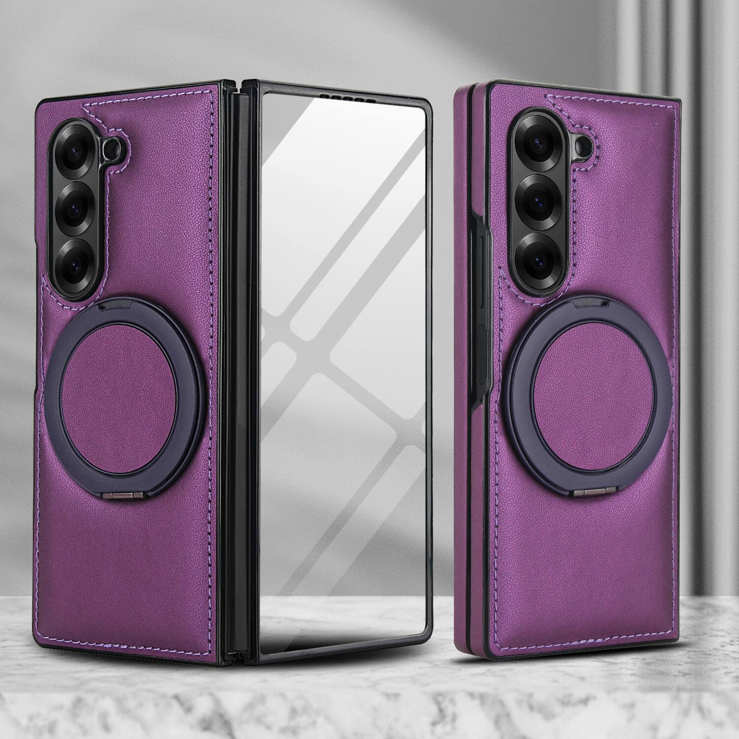 Alt View 3. Dteck - Magnetic Case for Samsung Galaxy Z Fold6 with Ring Kickstand,Built-in Screen Protector,Faux Leather Shockproof Cover - Darkpurple.