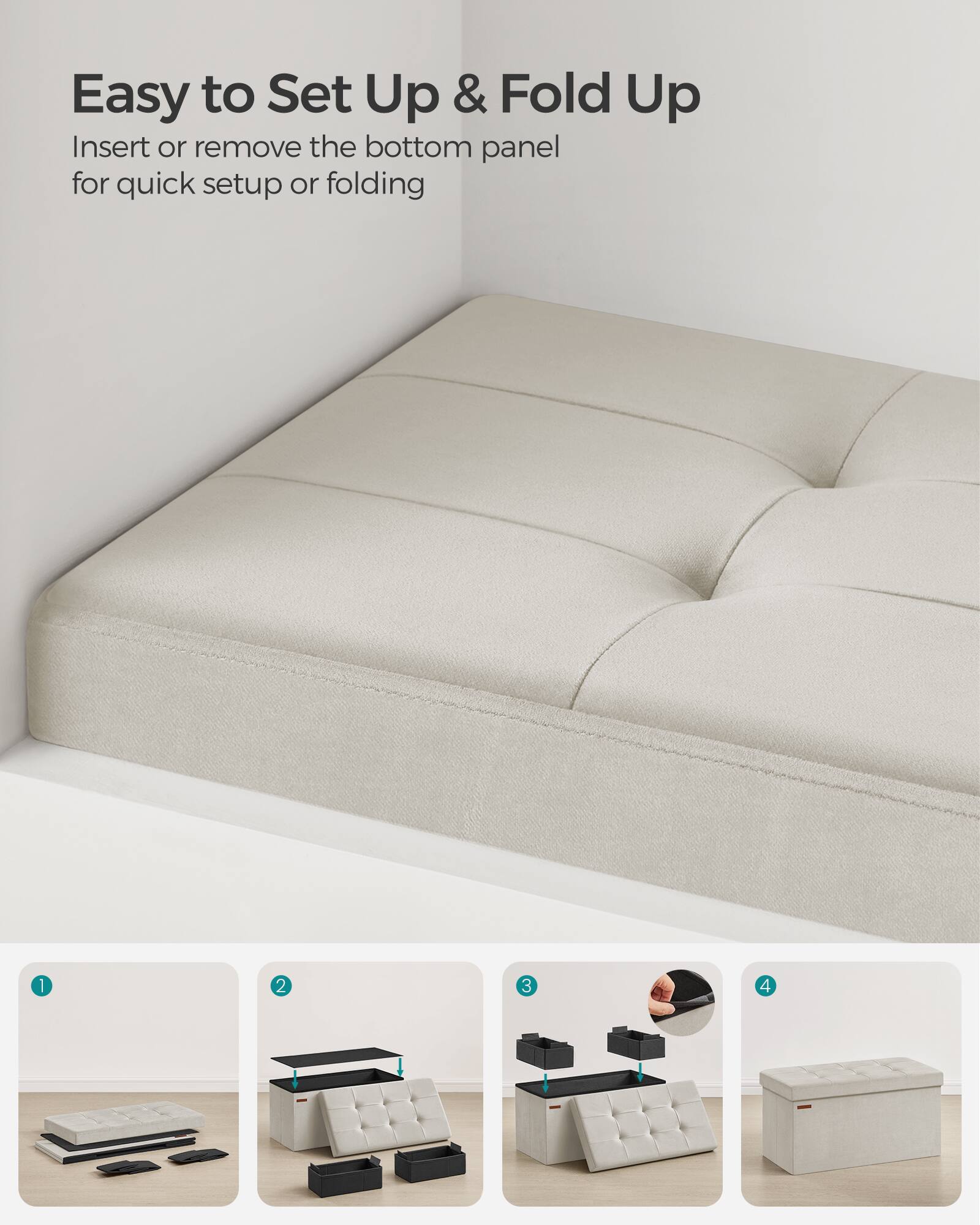 Easy to Set Up & Fold Up

Insert or remove the bottom panel for quick setup or folding

1. 2. 3. 4.