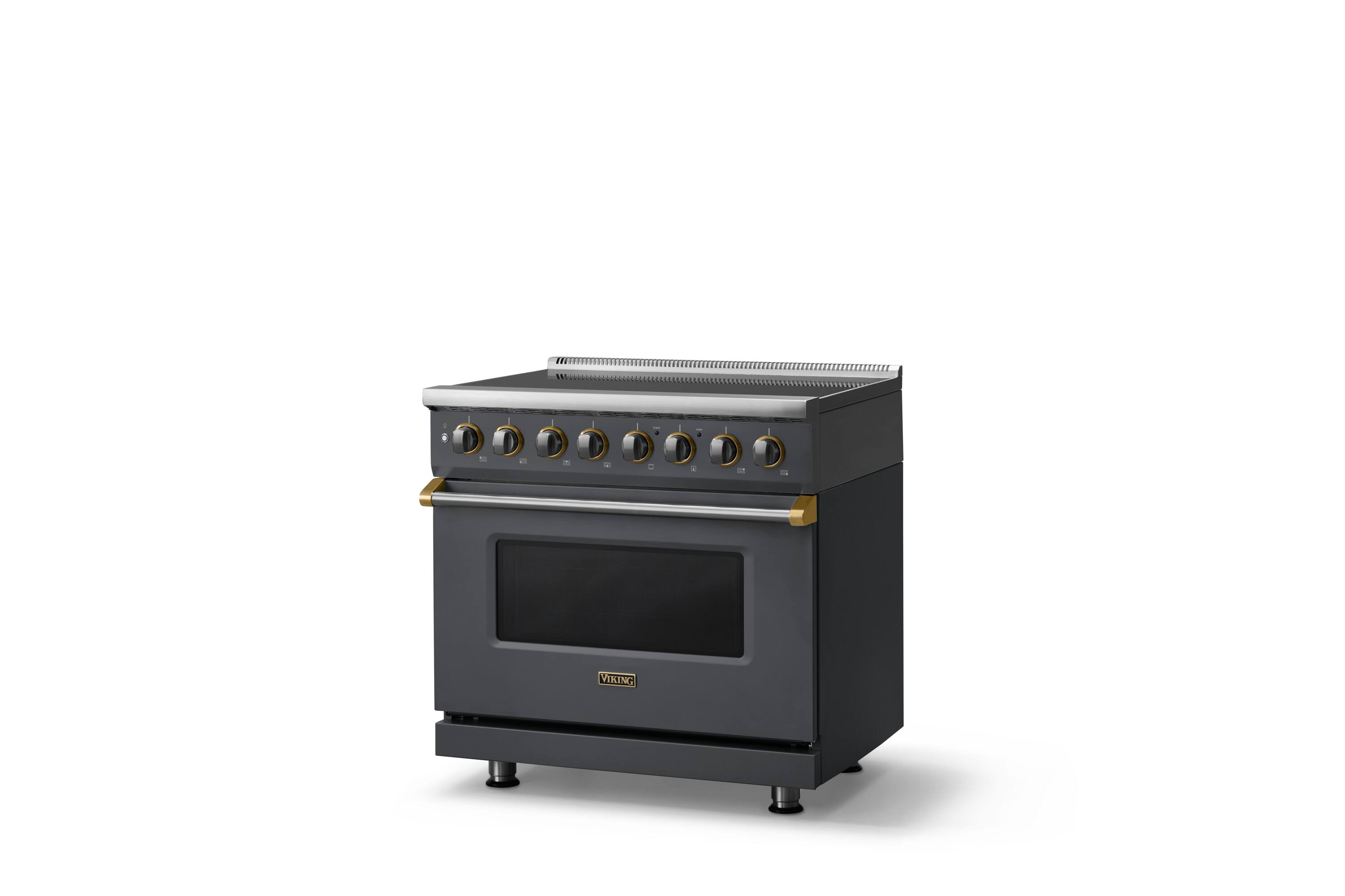 Angle. Viking - 36 in. Wide 6 Elements Pro 5 Series 5.6 Cu.Ft. Freestanding Induction Convection Range with Brushed Brass Trim - Cast Black.