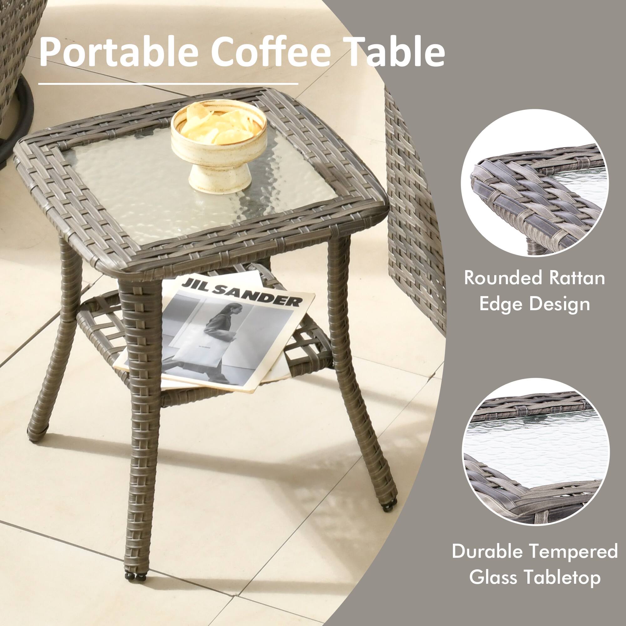 Portable Coffee Table

- Rounded Rattan Edge Design
- Durable Tempered Glass Tabletop