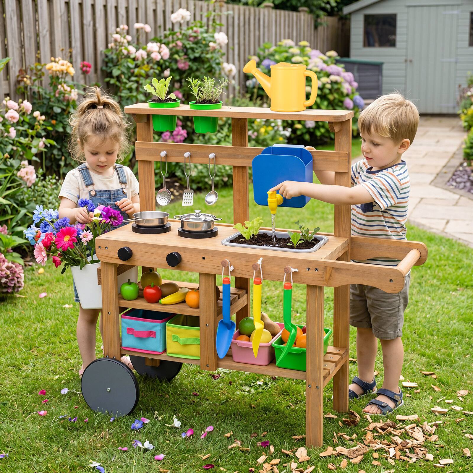 Alt View 3. Costway - Costway Mud Kitchen for Kids with Wheels, Removable Sink, Cooking and Gardening Accessories - Natural.
