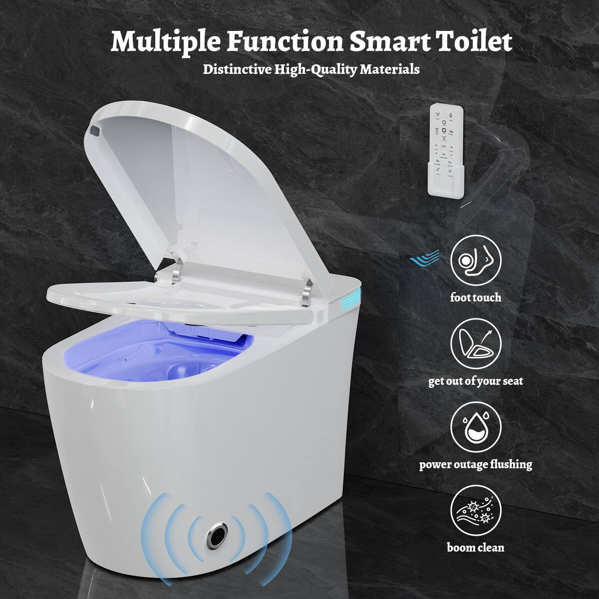 Multiple Function Smart Toilet  
Distinctive High-Quality Materials  

- foot touch  
- get out of your seat  
- power outage flushing  
- boom clean