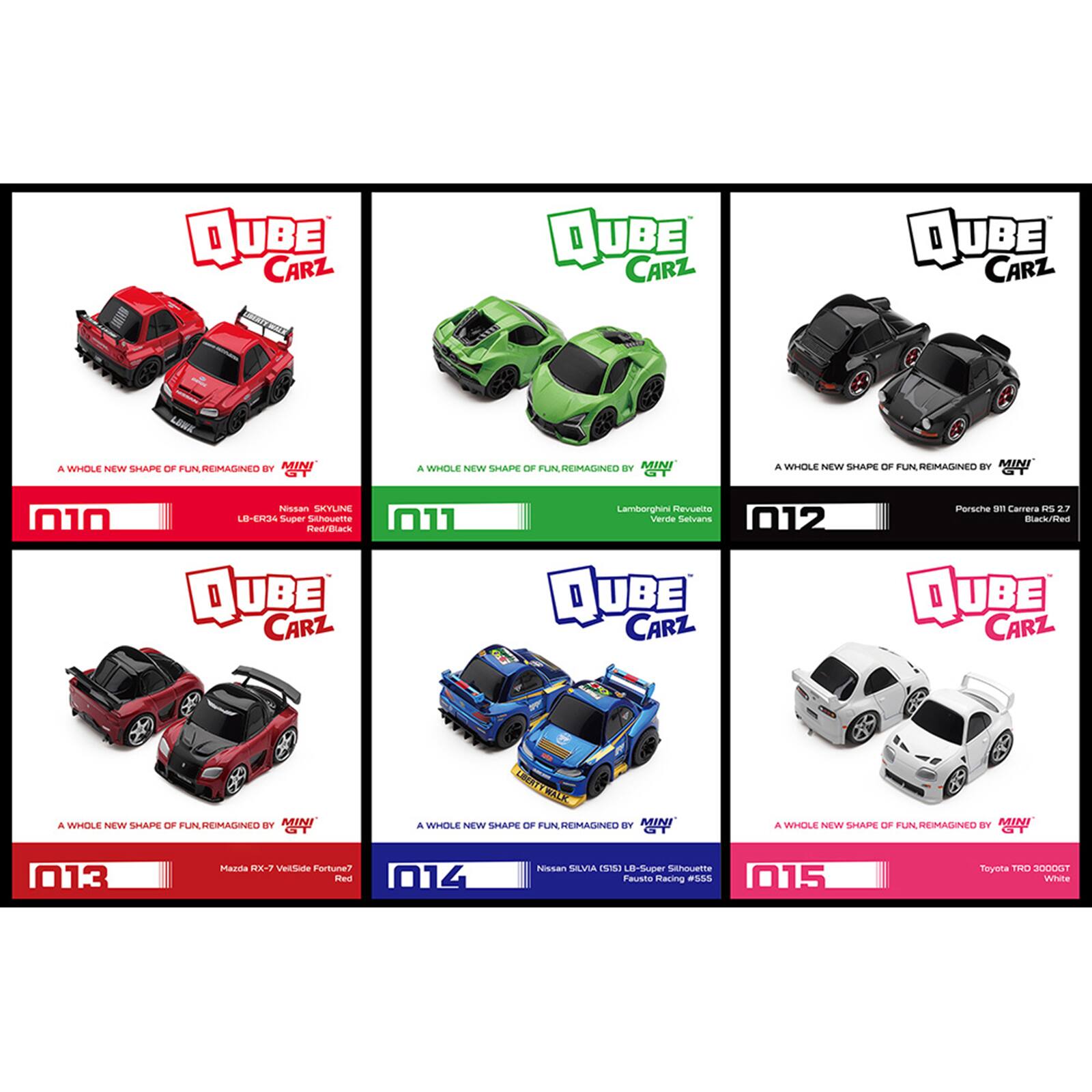 DUBE CARZ  
QUBE CARZ  
DUBE CARZ  
A WHOLE NEW SHAPE OF FUN REMAGINED BY MINI  
A WHOLE NEW SHAPE OF FUN, REIMAGINED BY MINI  
A WHOLE NEW SHAPE OF FUN, REIMAGINED BY MINI  
Nissan SKYLINE LB-ER34 Super Silhouette Red/Black QUBE CARZ  
011  
Lamborghini Revuelto Verde Selvans 012 QUBE CARZ  
Porsche 911 Carrera RS 27 Black/Red DUBE CARZ  
A WHOLE NEW SHAPE OF FUN REIMAGINED BY MINI GT  
A WHOLE NEW SHAPE OF FUN, REIMAGINED BY MINI GT  
A WHOLE NEW SHAPE OF FUN REIMAGINED BY MINI GT  
013  
Mazda RX-7 VelSide Fortune7 Red  
014  
Nissan SILVIA ($15) LB-Super Silhouette Fausto Racing #555  
015  
Toyota TRO 3000GT White