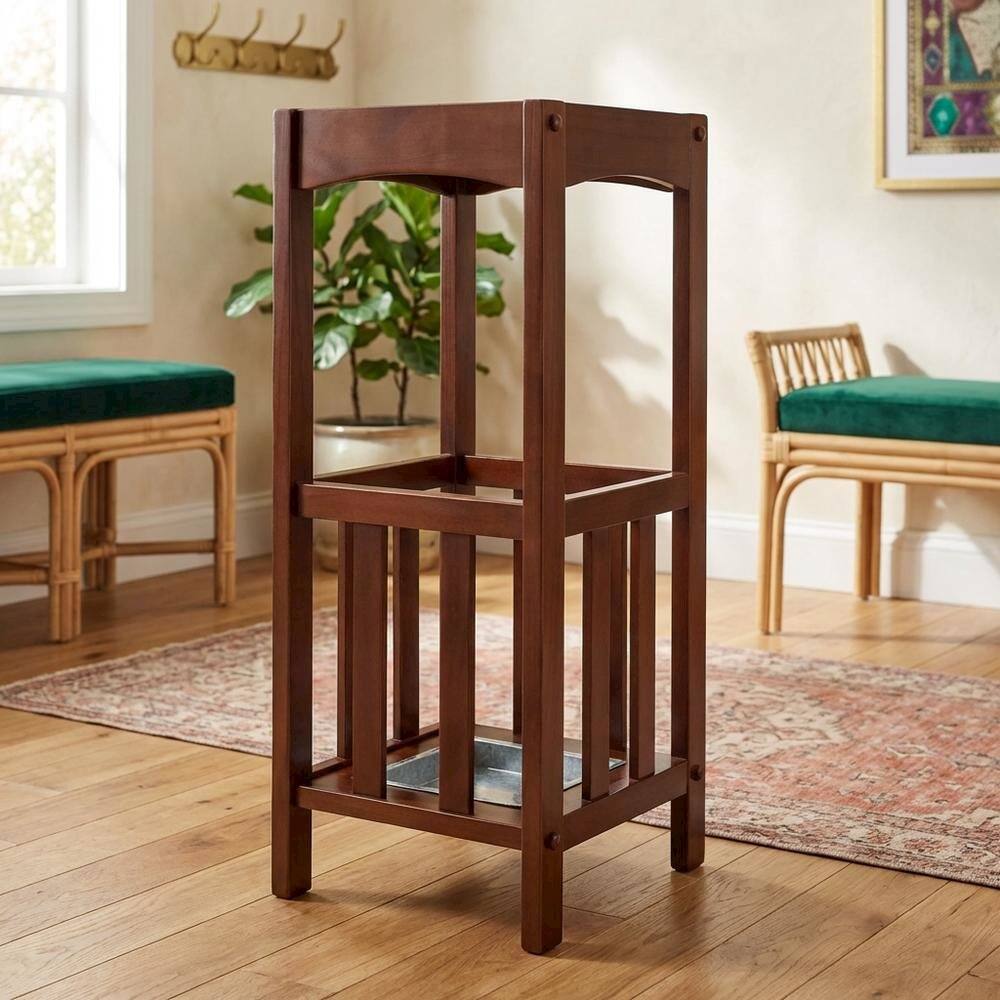 Alt View 3. FurniFact - Umbrella Stand with Metal Tray - Walnut.