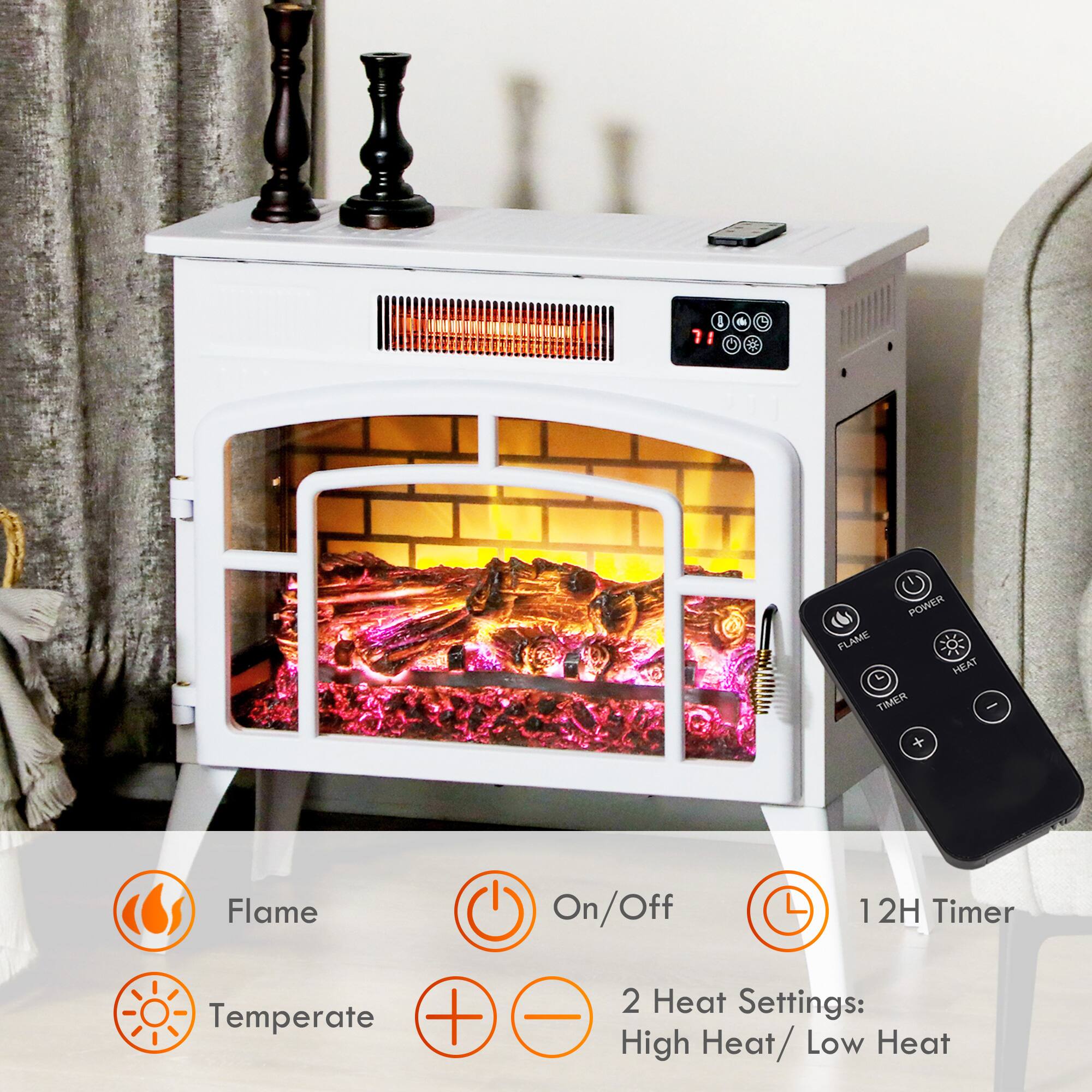 3 11
C
POWER FLAME HEAT TIMER
Flame
On/Off
12H Timer
Temperature

2 Heat Settings: High Heat/ Low Heat