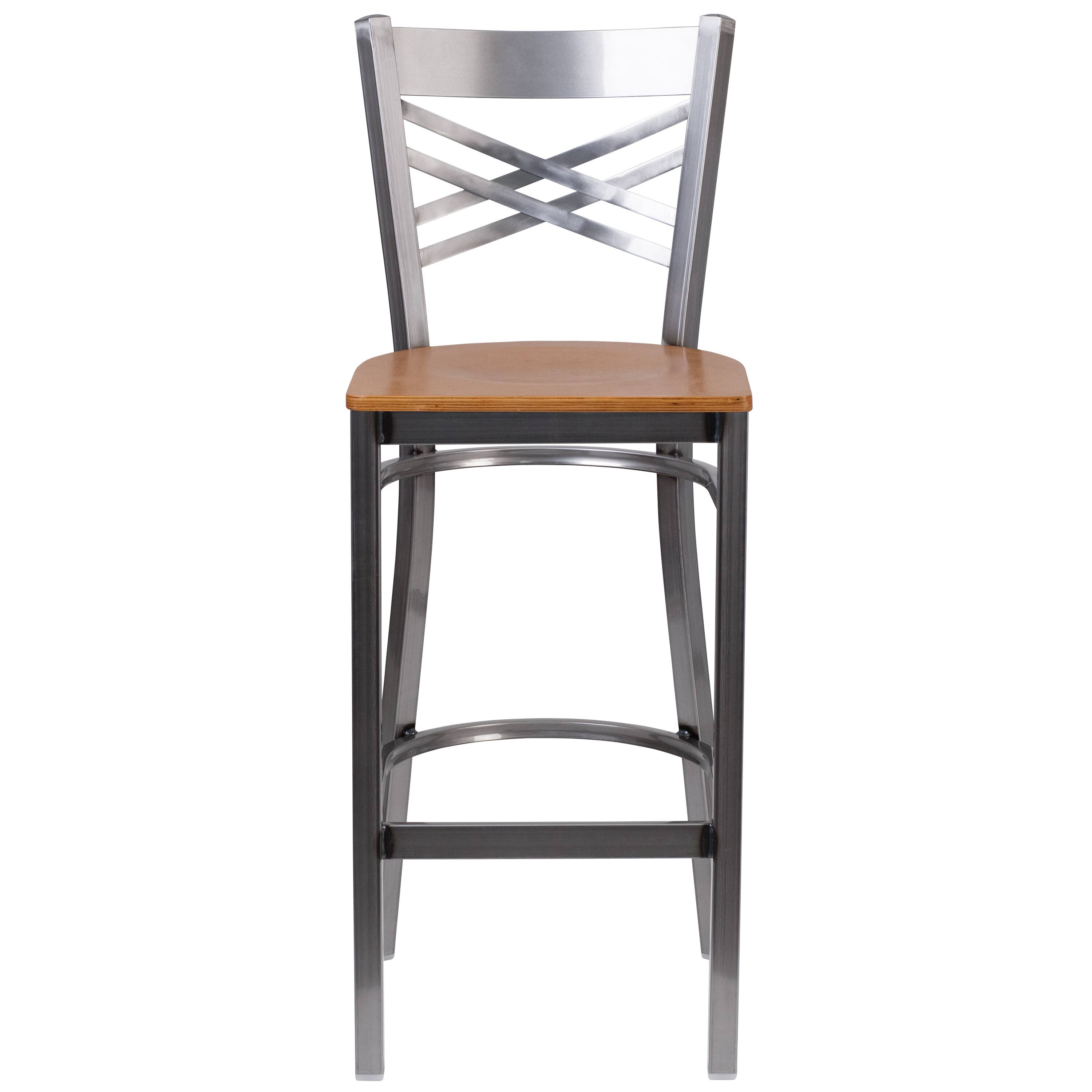 Alt View 6. Emma + Oliver - 2 Pack Clear Coated "X" Back Metal Restaurant Barstool - Natural Wood Seat/Clear Coated Metal Frame.