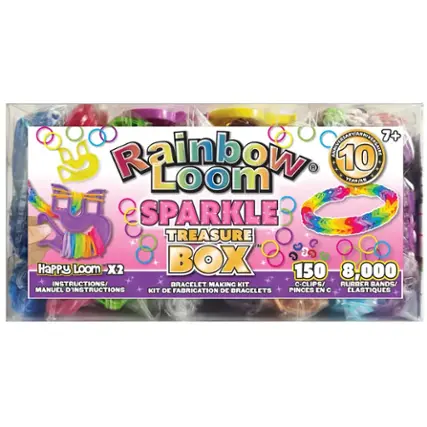 The text on the image is about a Rainbow Loom Sparkle Treasure Box, which contains 150 pieces and comes with a bracelet making kit. The box also includes c-clips, rubber bands, and instructions for making bracelets. The box is designed to be a happy loom, and it is suitable for children.