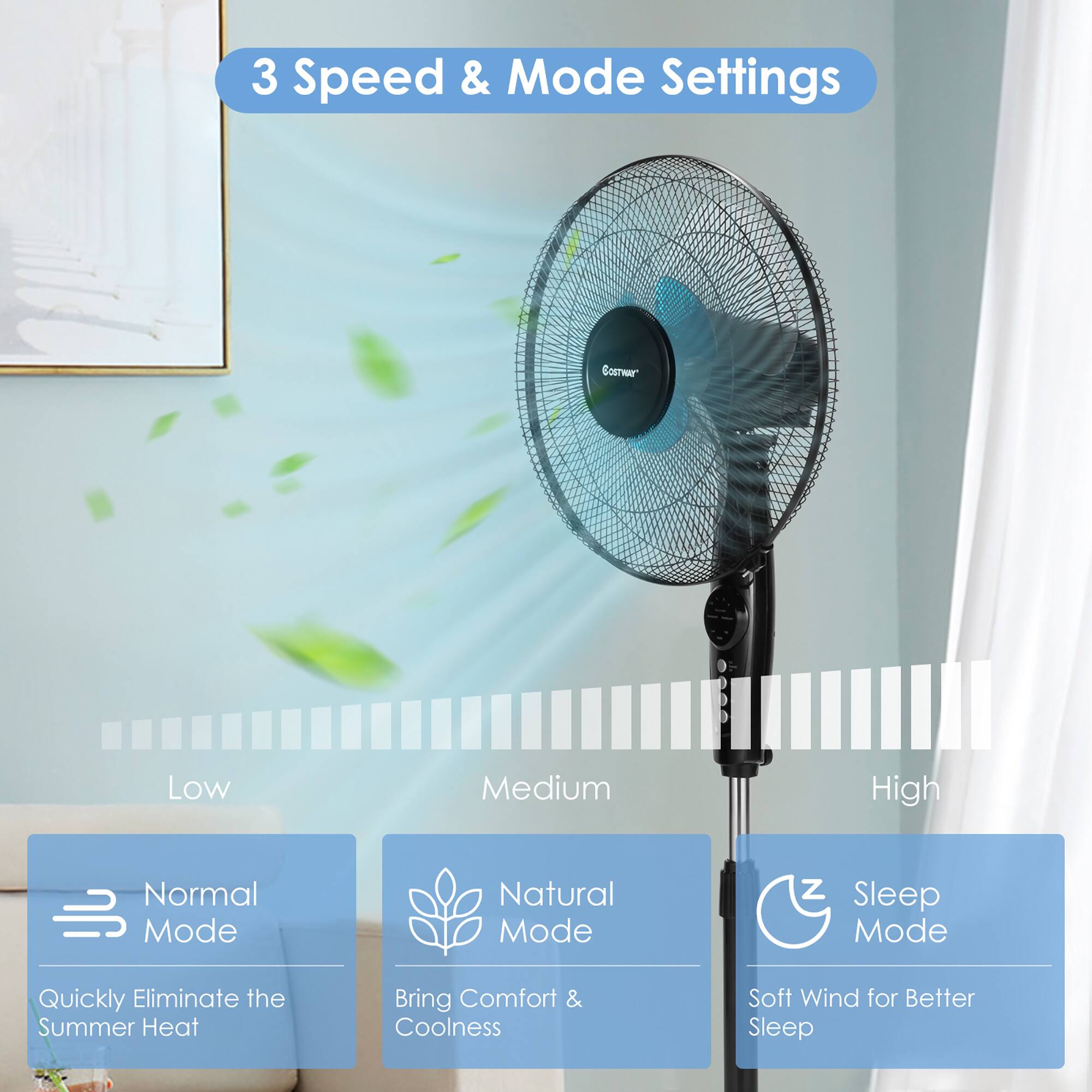 3 Speed & Mode Settings

Normal Mode
Natural Mode
Sleep Mode
Quickly Eliminate the Summer Heat
Bring Comfort & Coolness
Soft Wind for Better Sleep