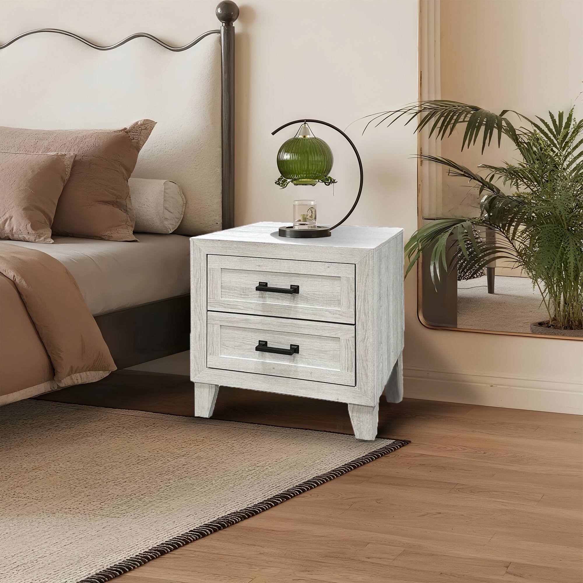 Angle. Vaczon - Wood Bedside Table with Drawers – Easy-Pull Drawers and Durable Build for Modern Bedroom Storage - White Wash.