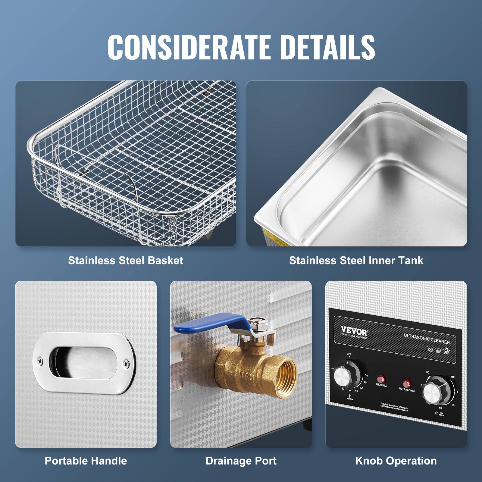 CONSIDERATE DETAILS
Stainless Steel Basket
Stainless Steel Inner Tank
Portable Handle
Drainage Port
Knob Operation