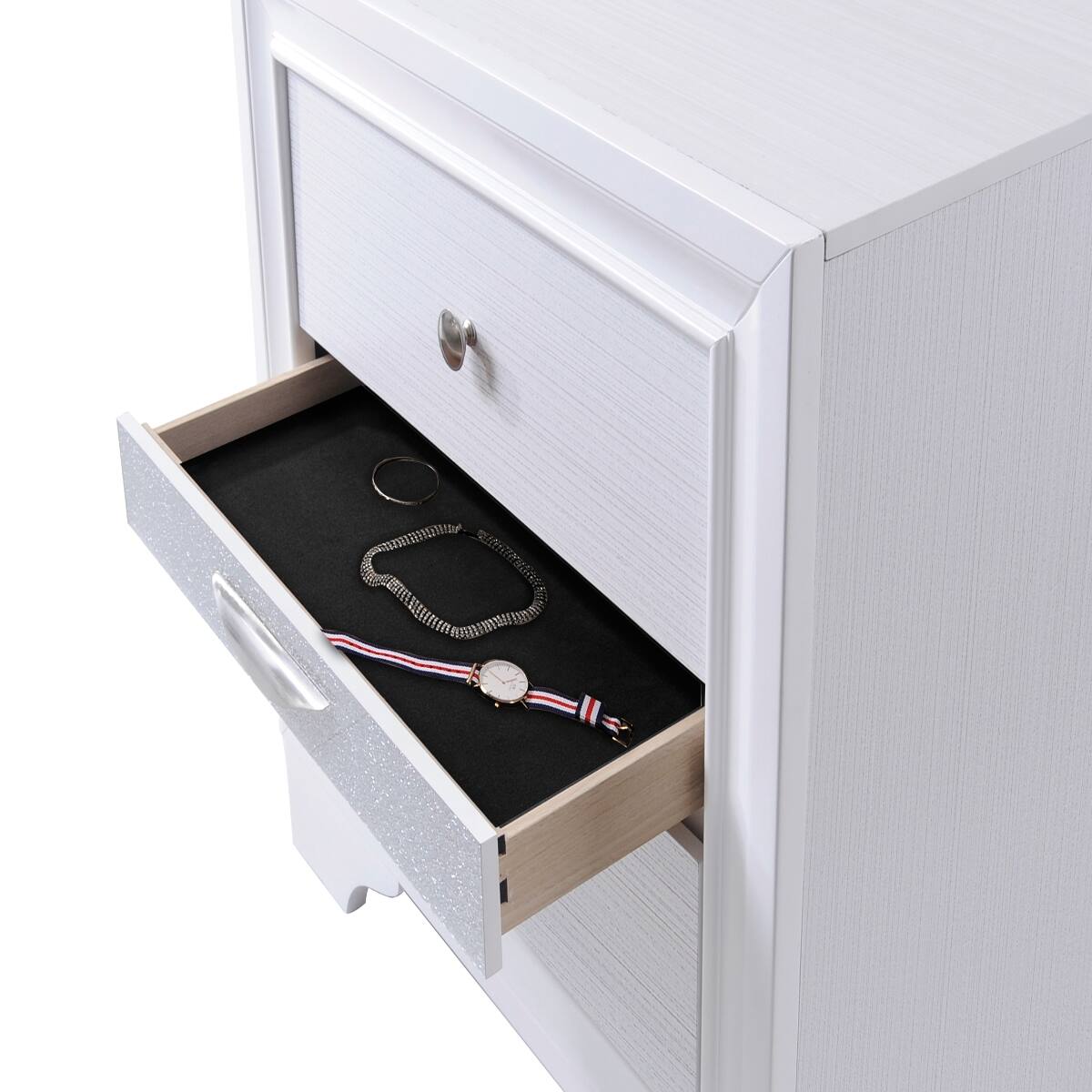 Back. Loheer - Loheer White Nightstand with Jewelry Drawer and Two Drawers for Bedroom - White.