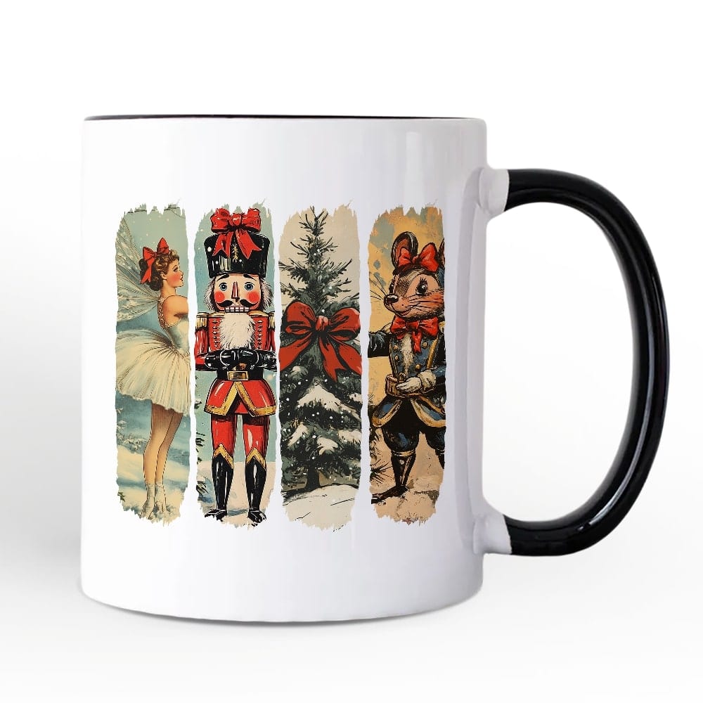 Front. OrnamentallyYou - Ballet and Nutcracker Christmas Mug, Coquette Bow and Mouse Vintage Holiday Gift - White.
