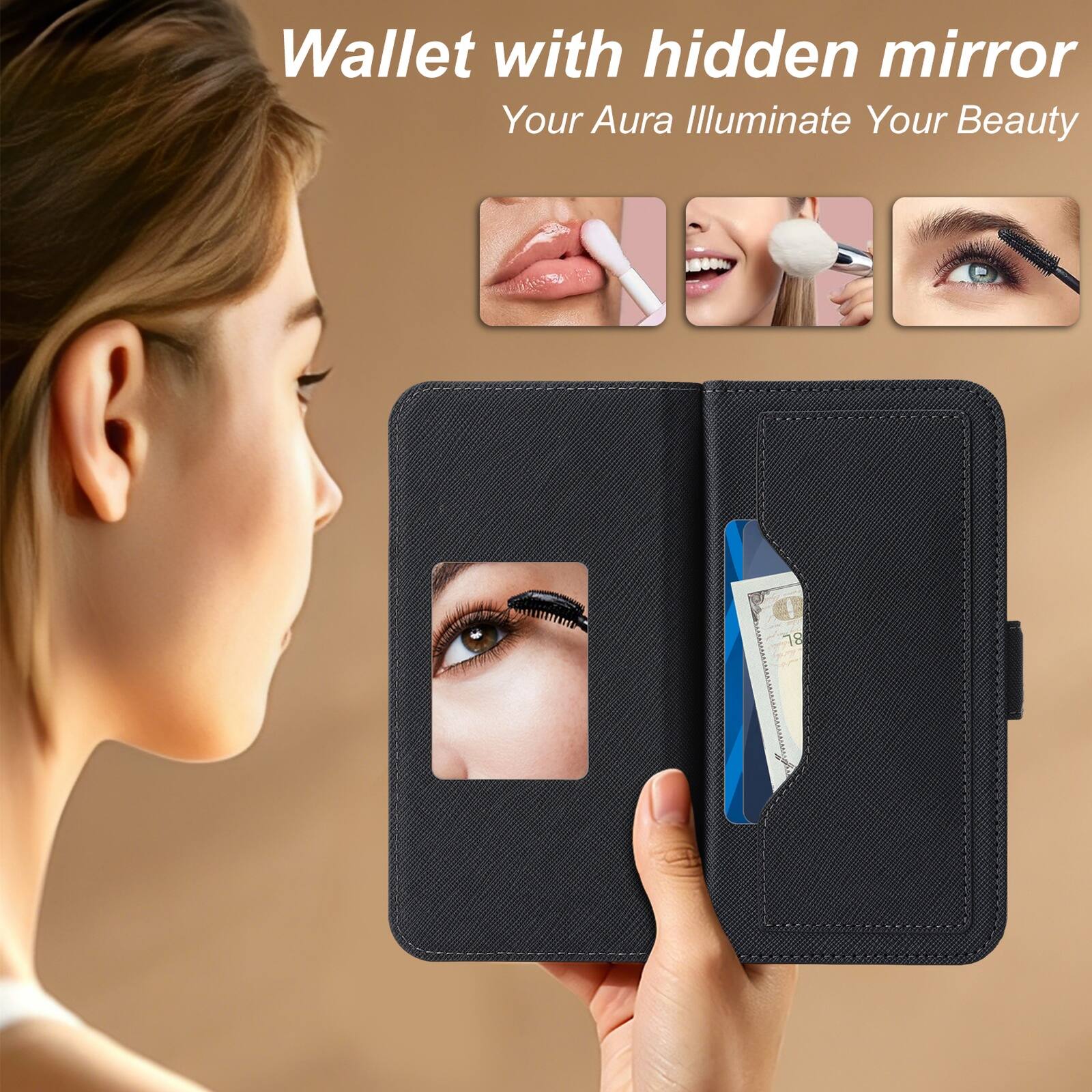 Wallet with hidden mirror  
Your Aura Illuminate Your Beauty