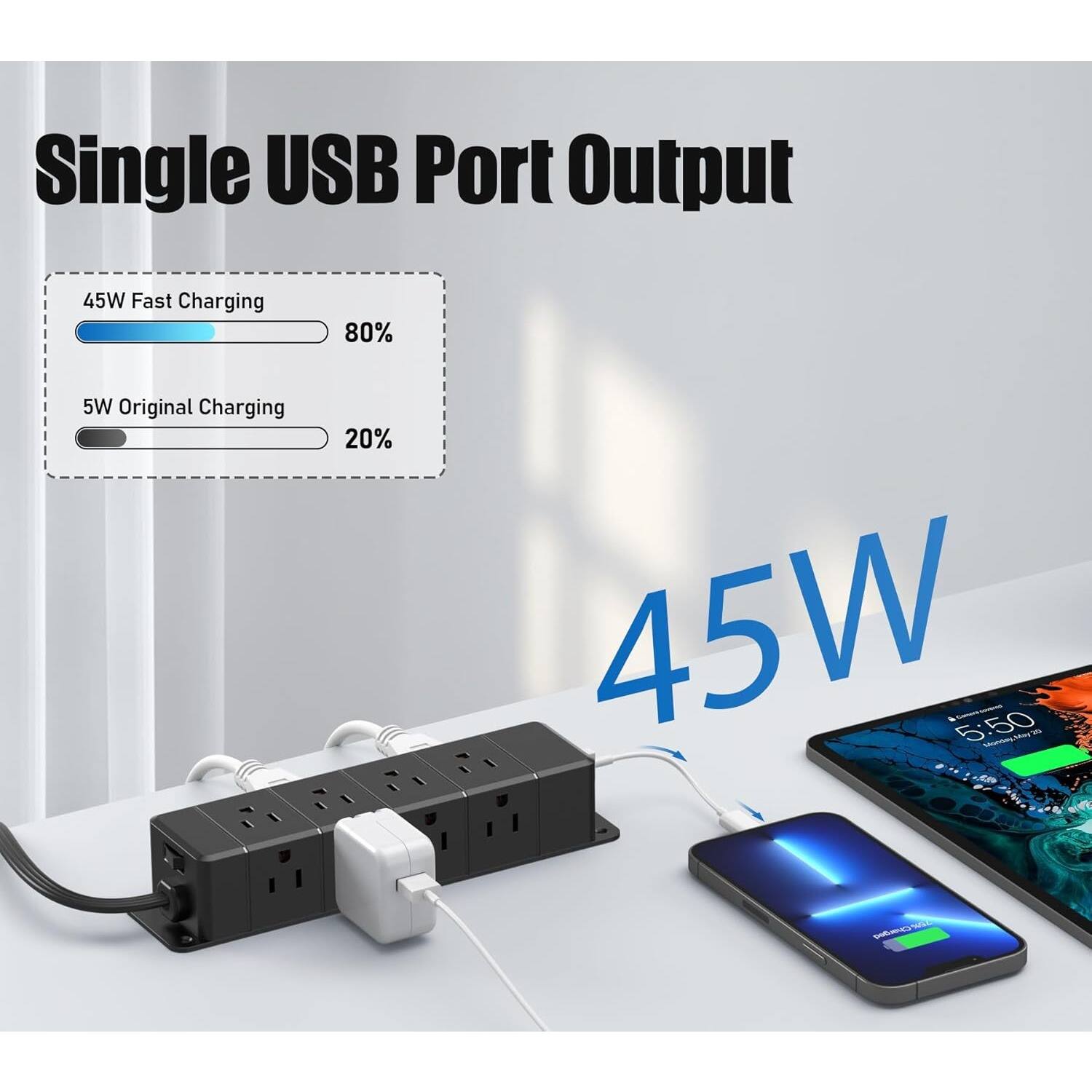 Single USB Port Output

45W Fast Charging 80%

5W Original Charging 20%

45W