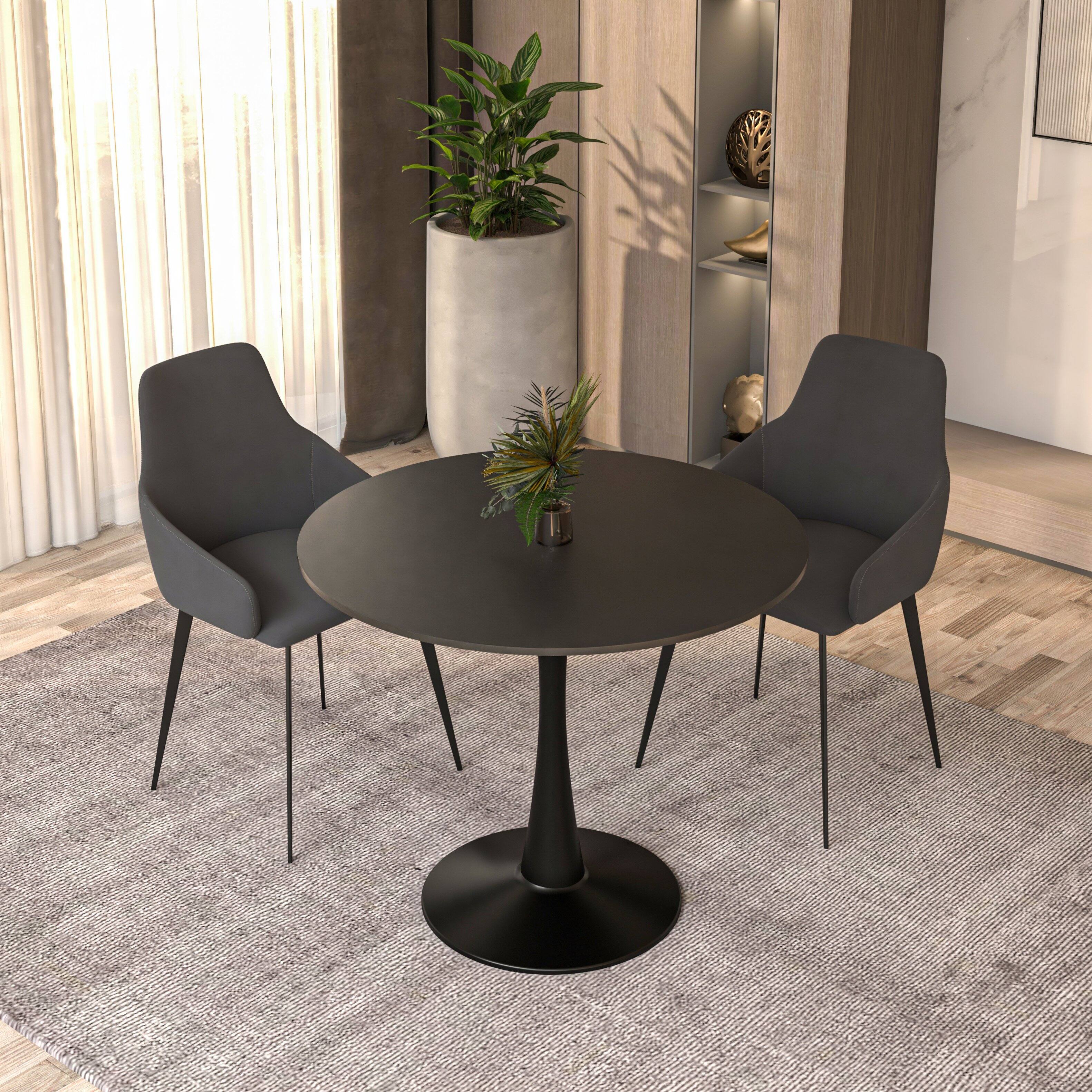 Left. LeisureMod - Bristol Contemporary 35" Round Glossy Dining Table - Minimalist Pedestal Wood & Metal Kitchen Table - MDF - Black.
