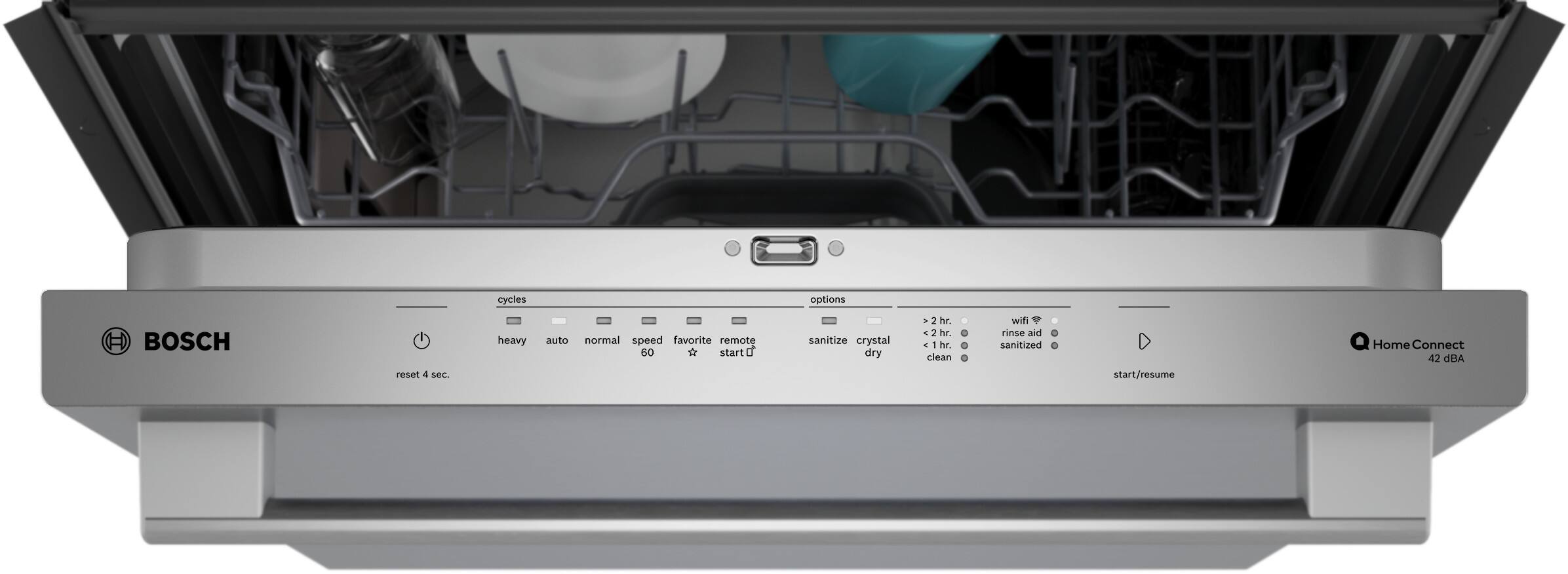 The text on the image reads: "BOSCH 42 dishwasher cycles options () BOSCH reset 4 sec. heavy auto normal speed favorite remote 60 t start 0 sanitize crystal dry 2 hr . 2 or . - hr. clean wifi rinse aid sanitized start/resume Home Connect 42 Allb."