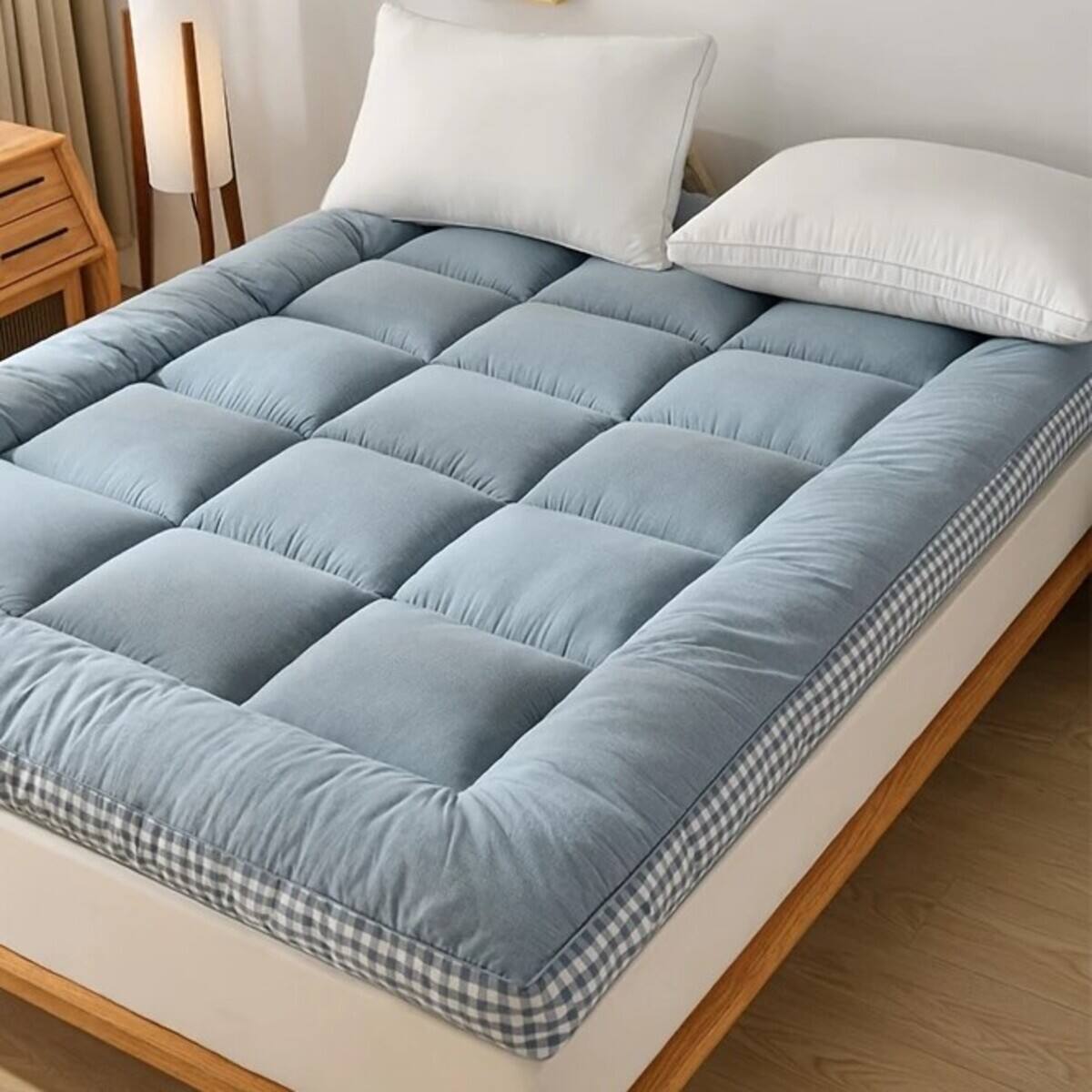 Back. Shatex - 3D Quilted Full Mattress Topper with Thickened, Soft Filler, Skin-Friendly and Breathable for All Seasons - Blue.