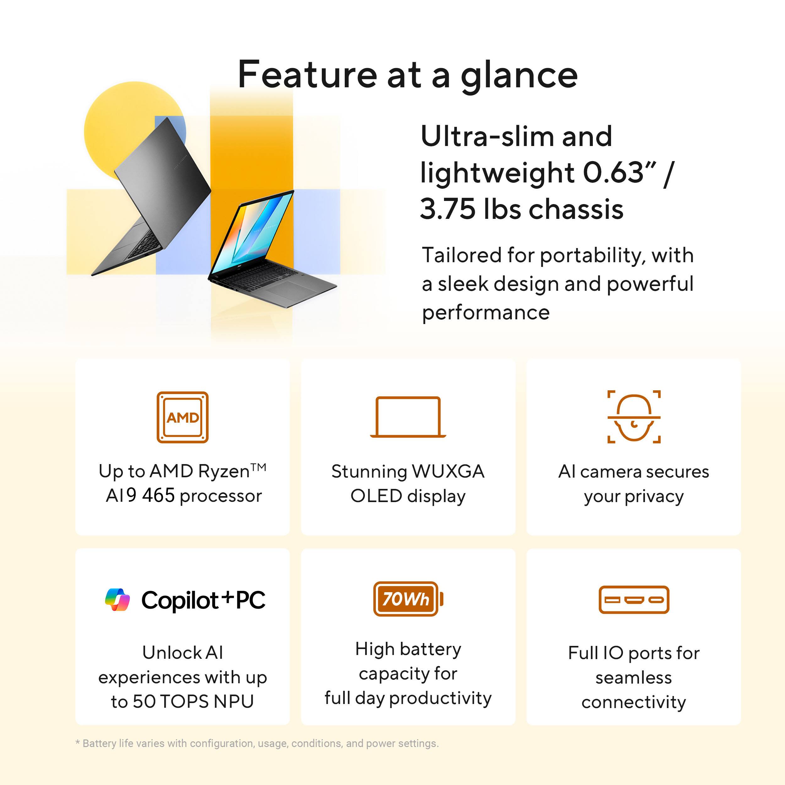 Feature at a glance

Ultra-slim and lightweight 0.63" / 3.75 lbs chassis  
Tailored for portability, with a sleek design and powerful performance

- Up to AMD Ryzen™ AI 9 465 processor
- Stunning WUXGA OLED display
- AI camera secures your privacy
- Copilot+PC: Unlock AI experiences with up to 50 TOPS NPU
- 70Wh: High battery capacity for full day productivity
- Full IO ports for seamless connectivity

*Battery life varies with configuration, usage, conditions, and power settings.