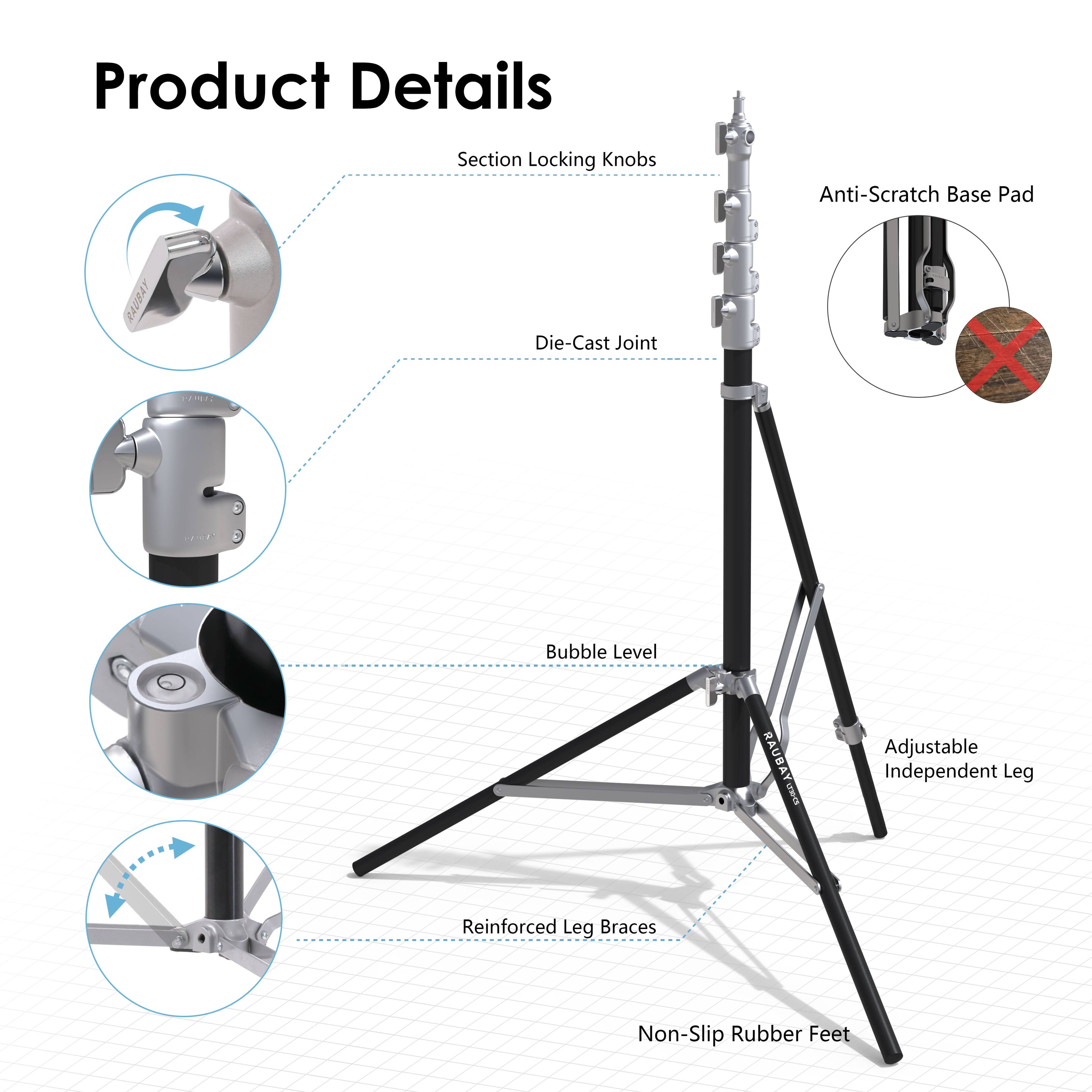Product Details

- Section Locking Knobs
- Die-Cast Joint
- Bubble Level
- Anti-Scratch Base Pad
- Adjustable Independent Leg
- Reinforced Leg Braces
- Non-Slip Rubber Feet