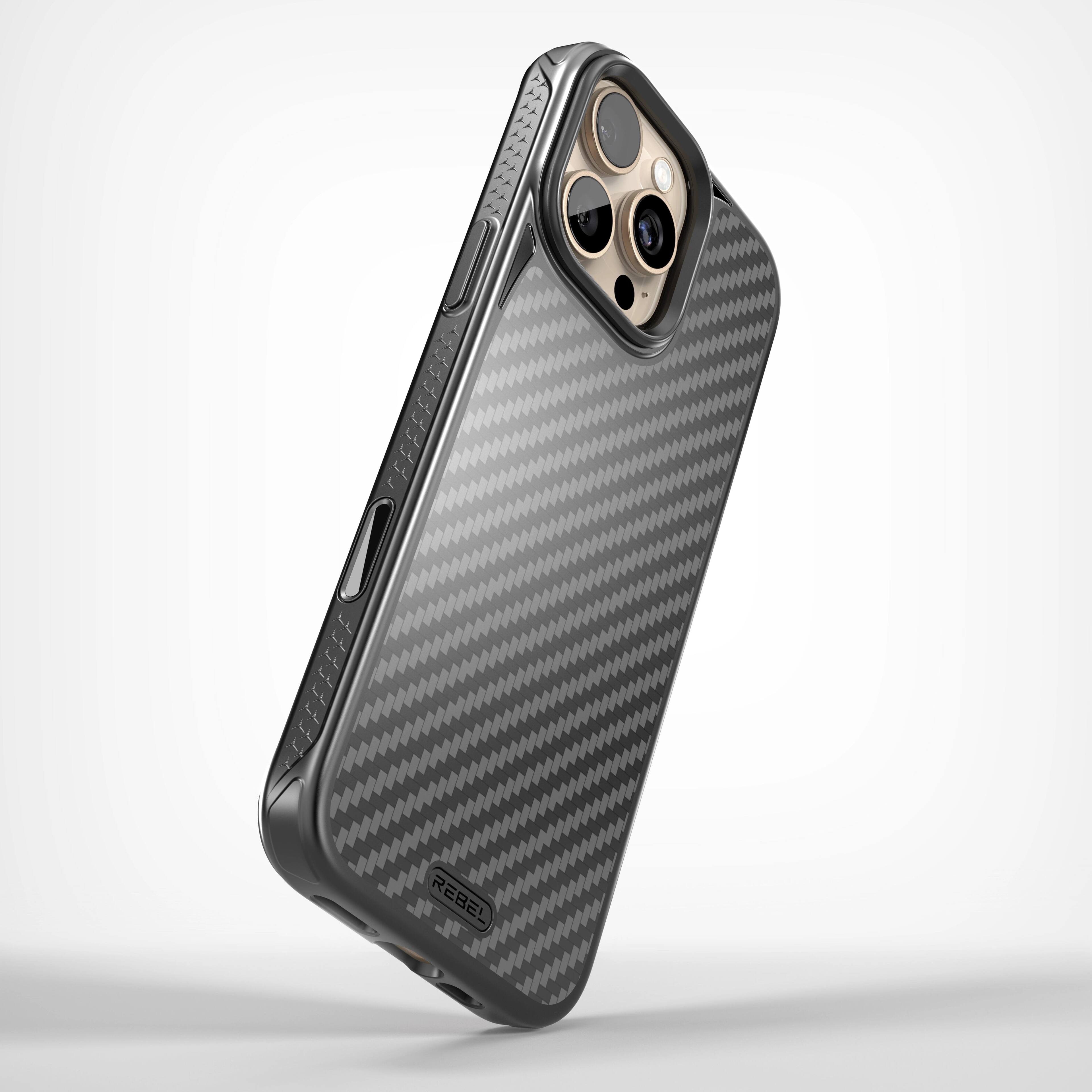 Angle. Rebel - Rebel - Rebel Series GEN6 Case For Apple iPhone 16 Pro Max - Black/Aramid Fiber - Black.