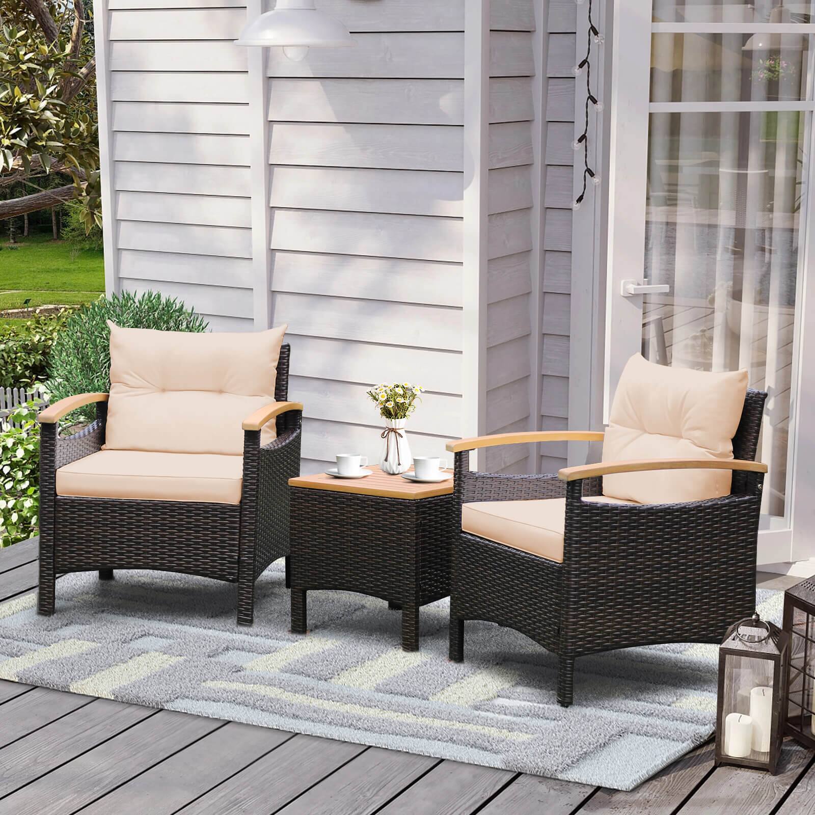 Alt View 1. Costway - 3PCS Patio Rattan Furniture Set Wooden Armrest Table Top Cushioned Deck - Mix Brown,Beige.