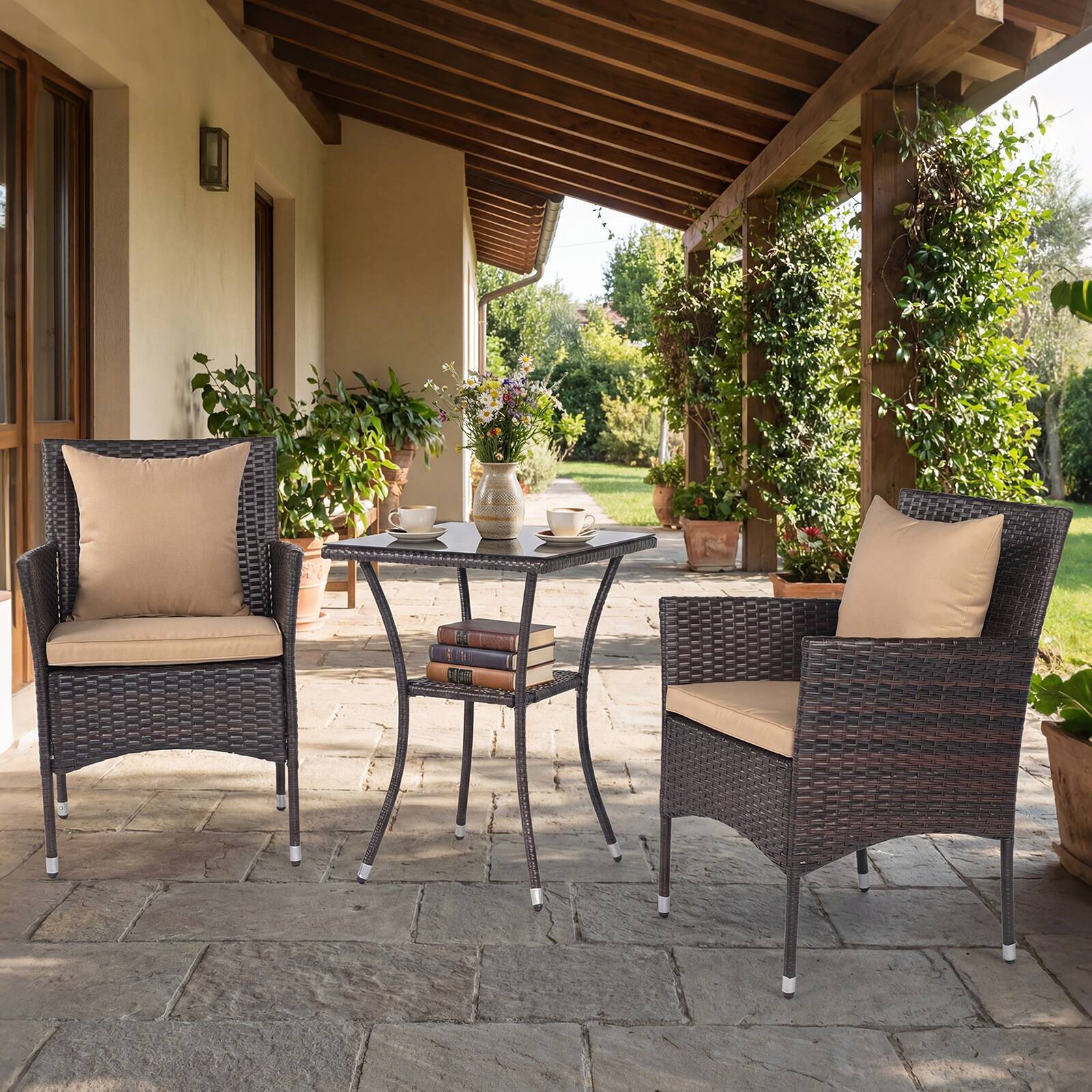 Alt View 4. Costway - Costway 3PCS Patio Wicker Bistro Set, 2 Rattan Chairs with Double-Tier Tempered Glass Table - Mix Brown + Beige.